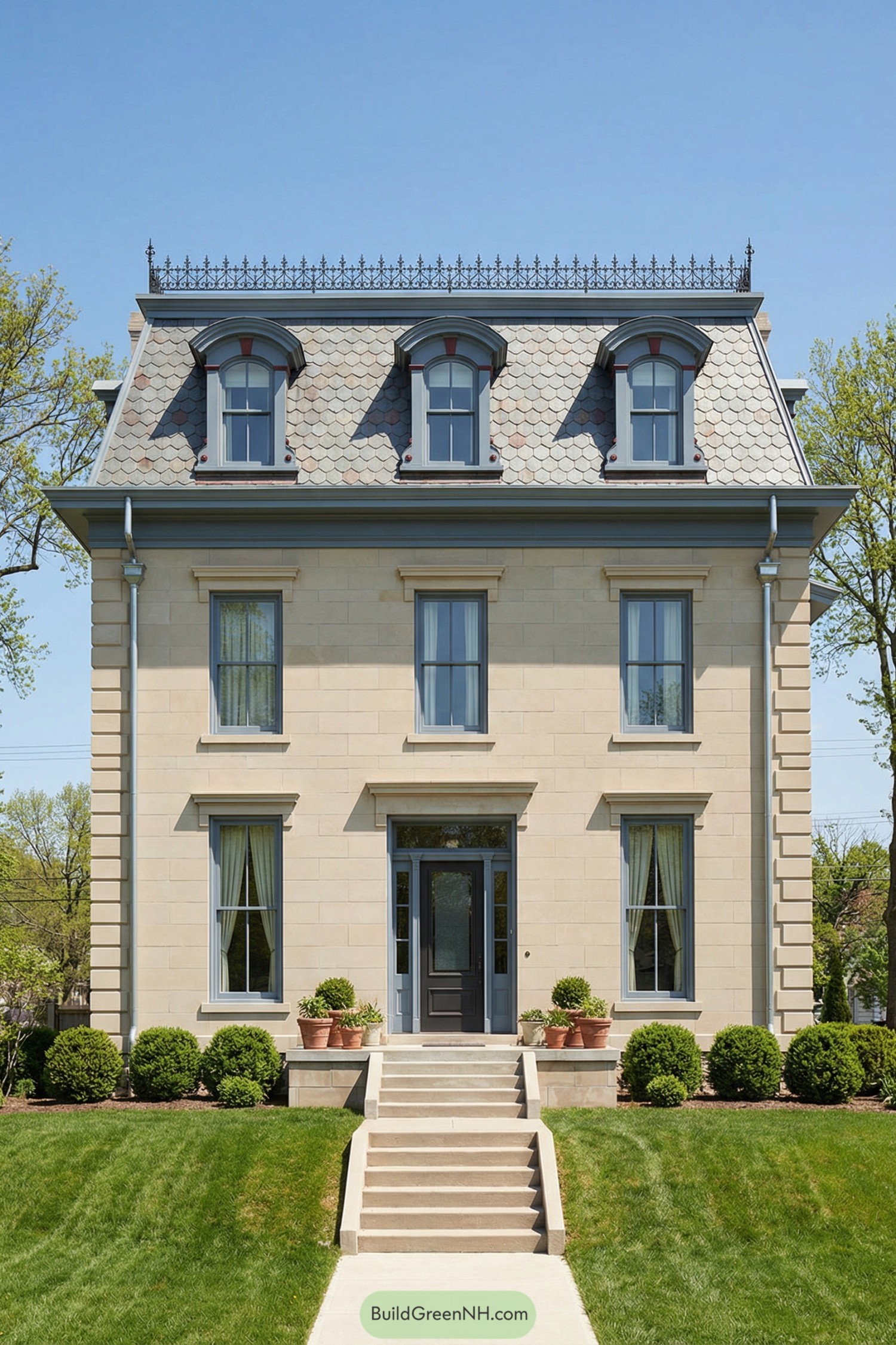 Elegant three story limestone house with gray mansard roof and arched dormers
