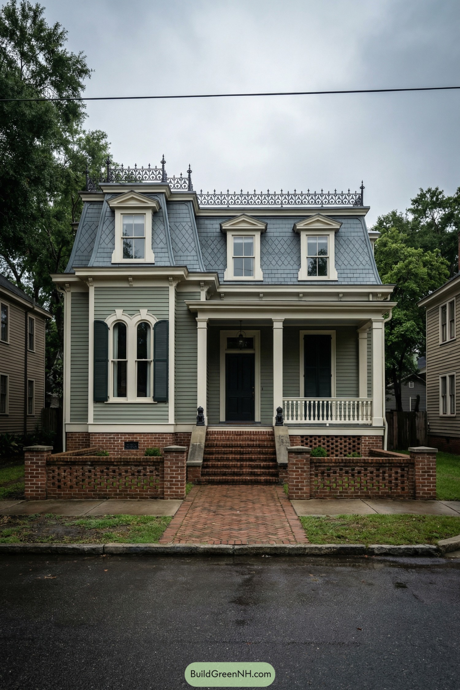 Two story sage green house with ornate slate mansard roof and brick front walk