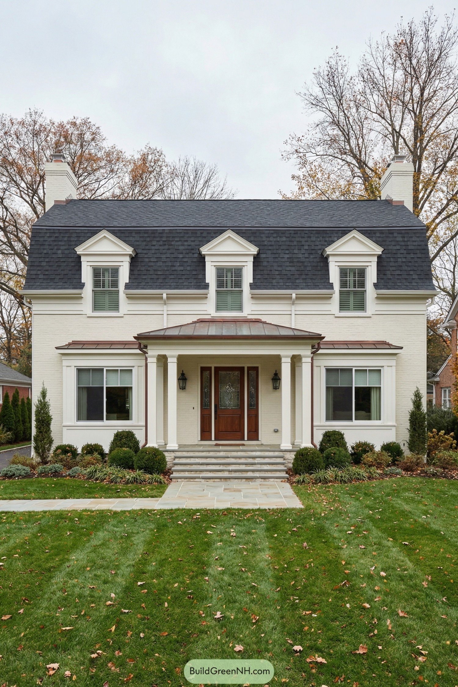 White brick house with dark mansard roof and front porch