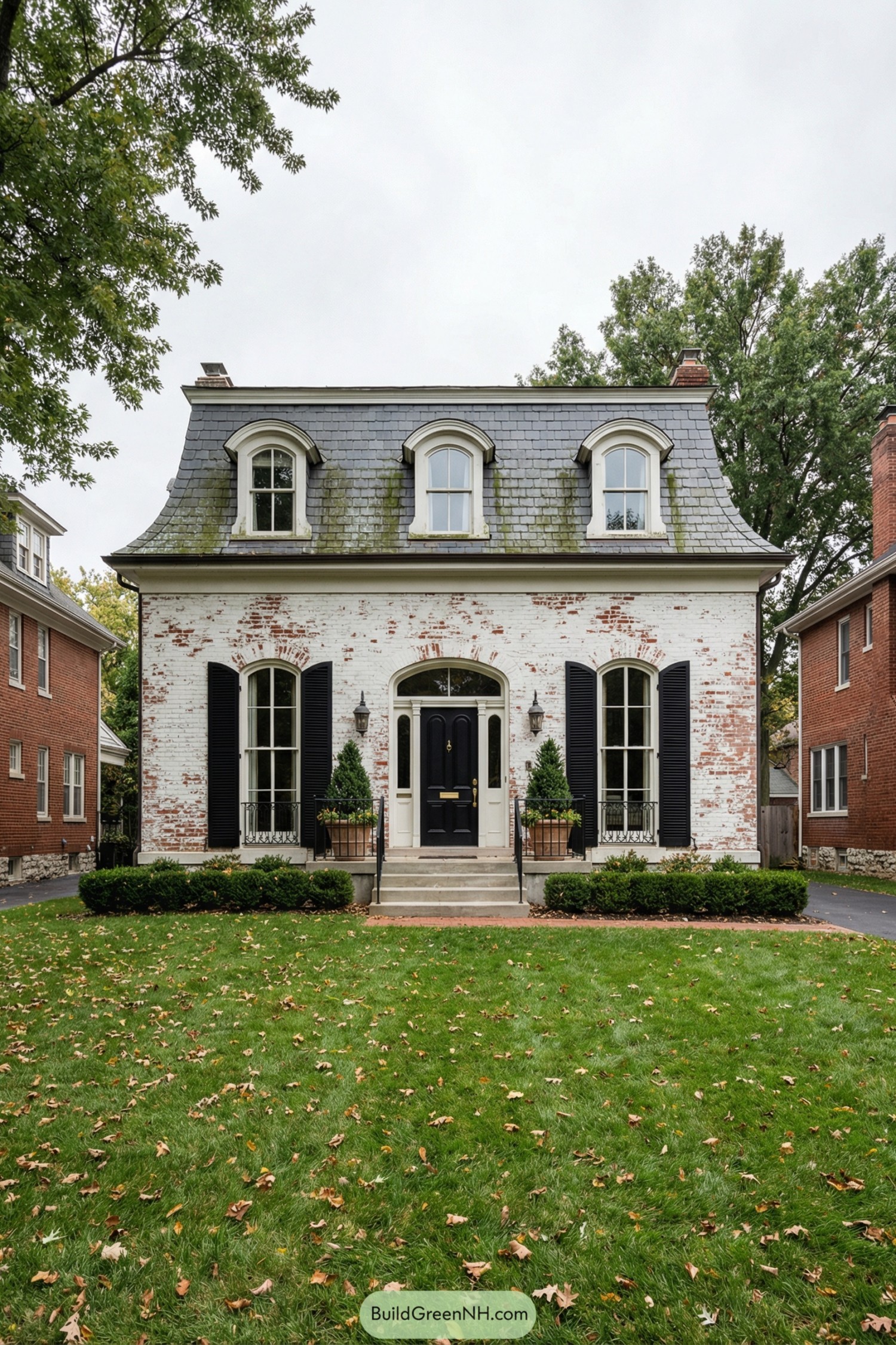 Whitewashed brick house with slate mansard roof and tall black shutters
