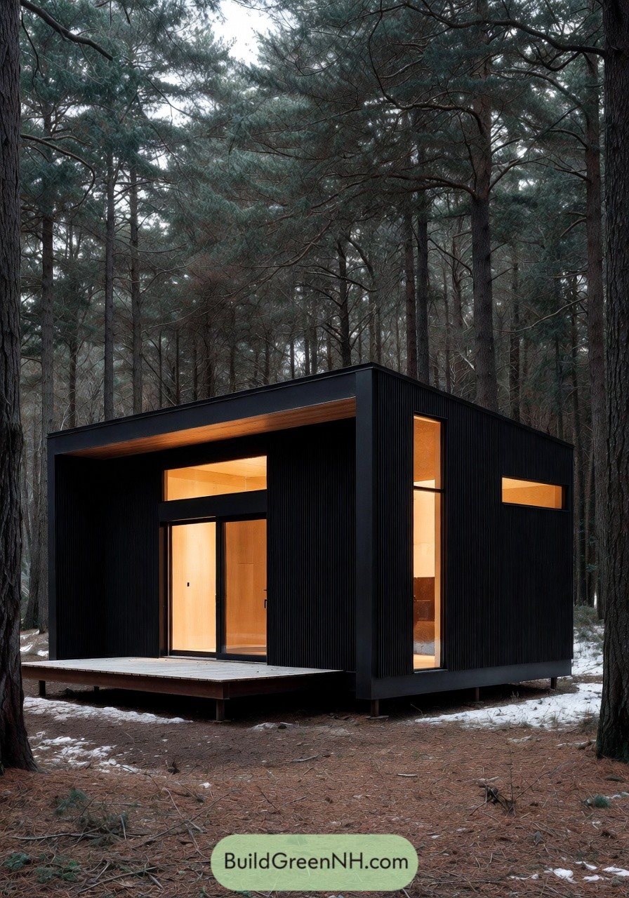 Modern black cube cabin in quiet forest