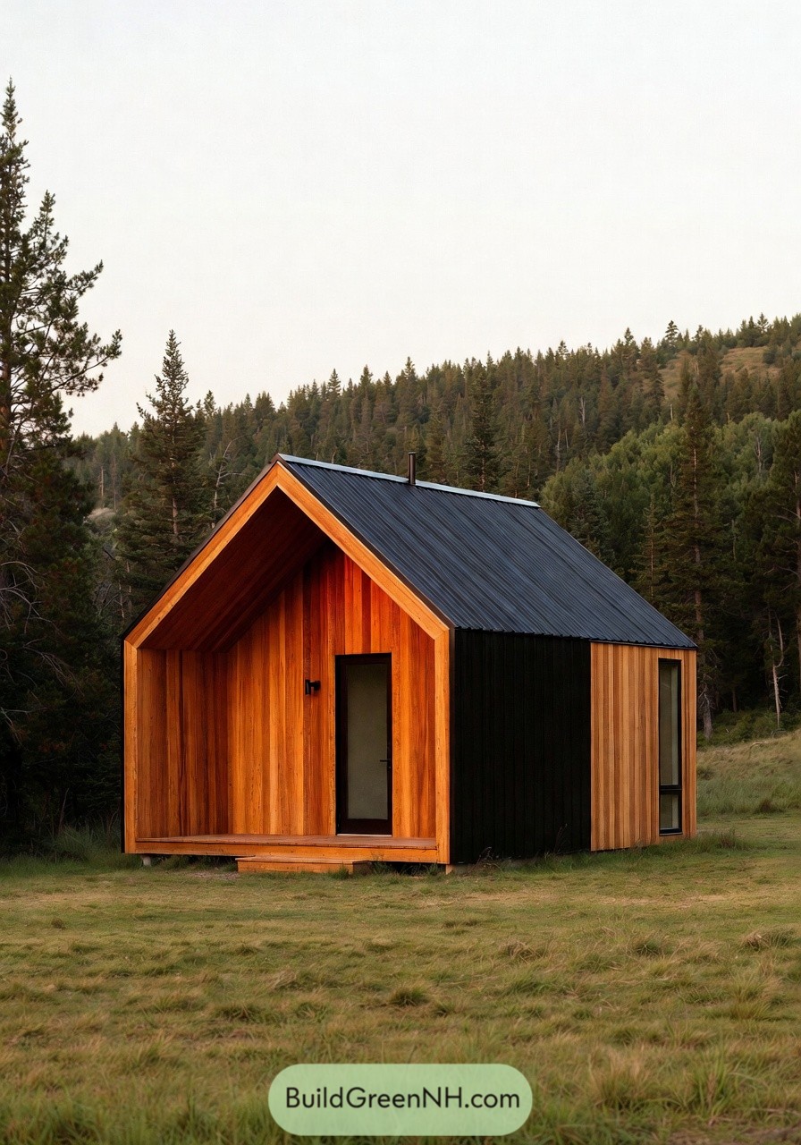 Small modern wood cabin with black metal roof set in a grassy clearing among tall trees