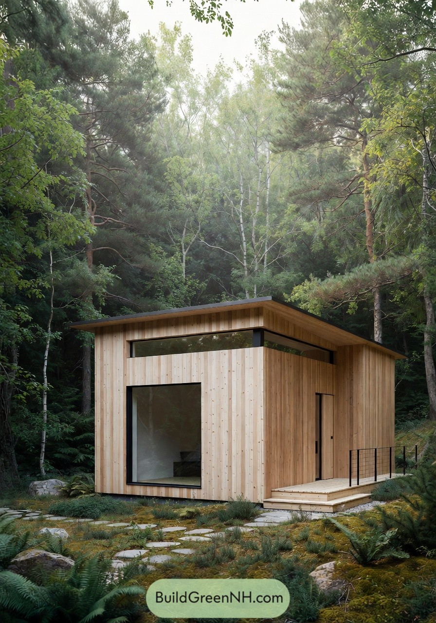 Small modern wood cabin with large square window and flat roof surrounded by dense forest