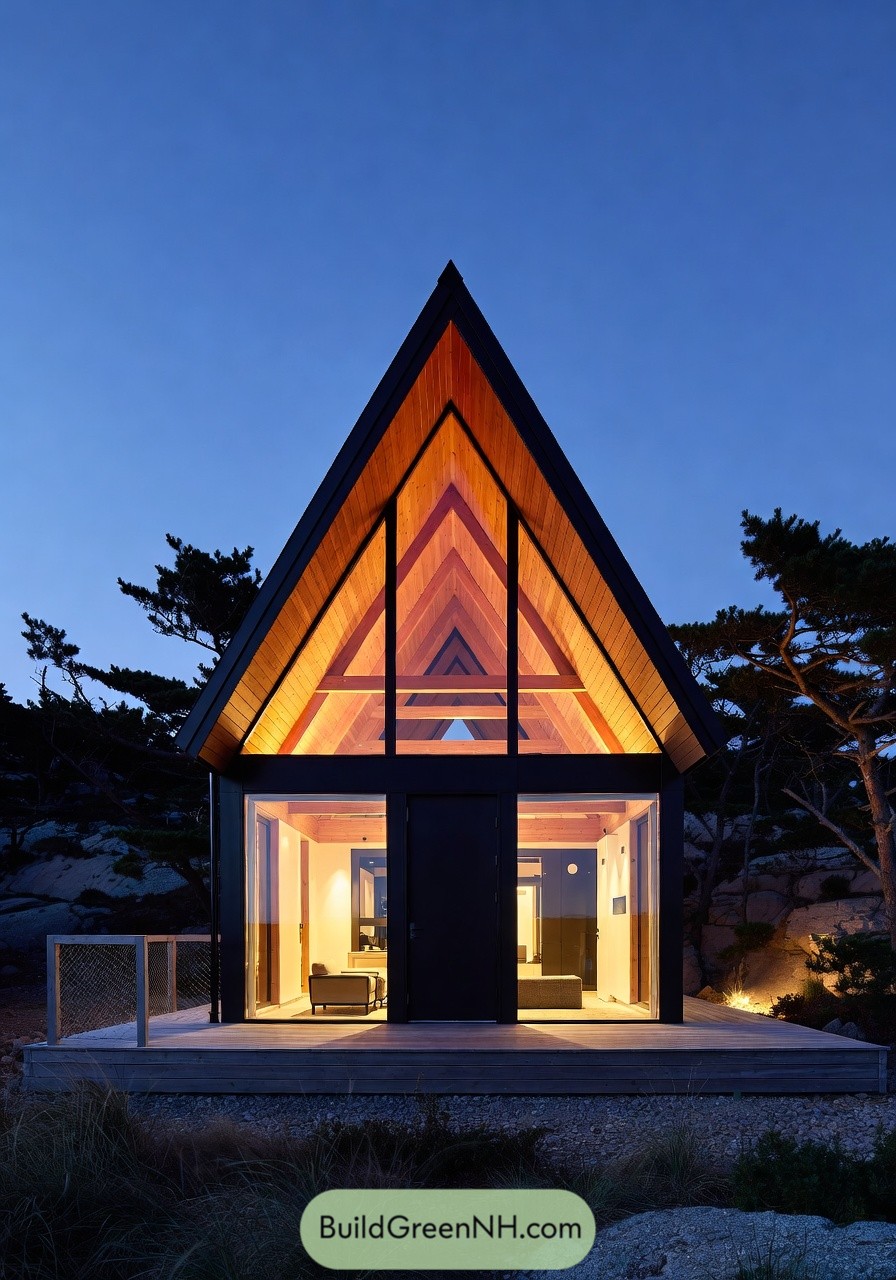 Small A frame cabin with glowing wood interior and full glass front framed by dark trim