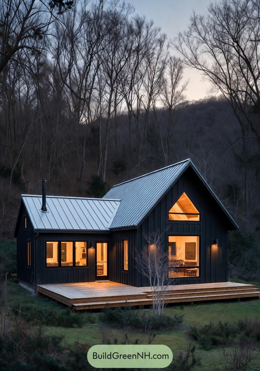 Modern black cabin with metal roof and wraparound wood deck at forest edge