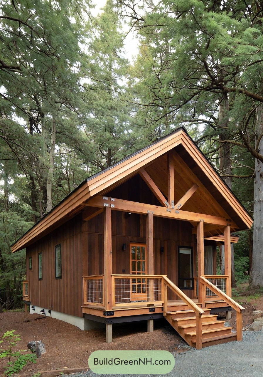 Small cedar cabin with raised porch among tall trees