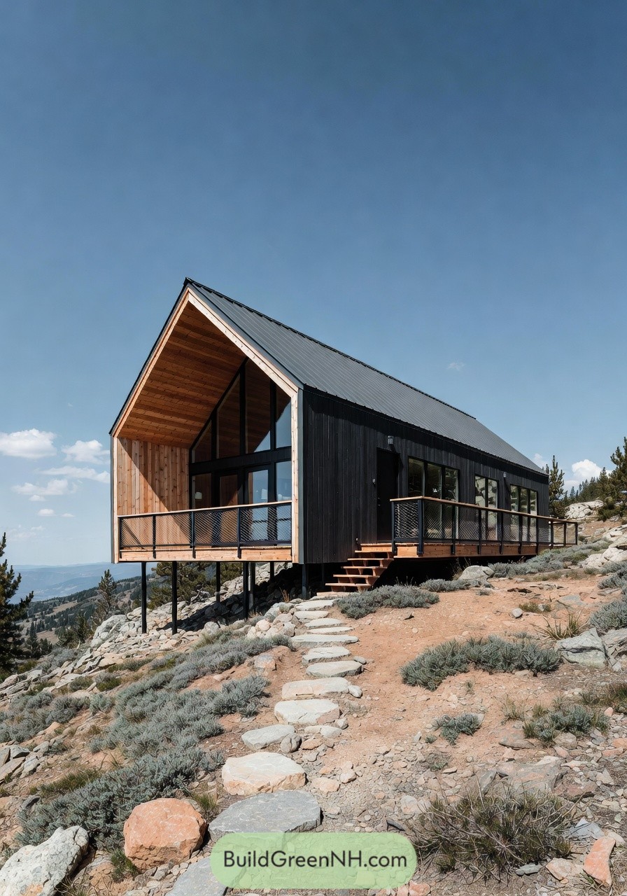 high-res photo of little cabin, modern rustic gable-front facade with clean minimalist lines and deep overhangs, dark charcoal and weathered black tones, long rectangular volume with single steep A-frame roof and raised deck extension, exterior clad in horizontal stained timber boards with matte finish, standing-seam metal roof in dark gray, large floor-to-ceiling black-framed glazing along the long side plus a tall vertical corner window, single flush dark entry door beside glazing, elevated wrap deck on steel posts with dark metal mesh railings and a small stair run down to the ground, rough stone stepping-path leading to the deck with scattered boulders and exposed rocky soil, sparse alpine landscaping with low scrub and hardy grasses, surrounded by pine trees at the edge of a rocky ridge, expansive valley view with distant snow-capped mountains under clear blue sky with a few clouds, wide-angle perspective from ground level, single real-life photo, high-resolution, architectural photography, soft lighting, cinematic composition, strictly no collages.