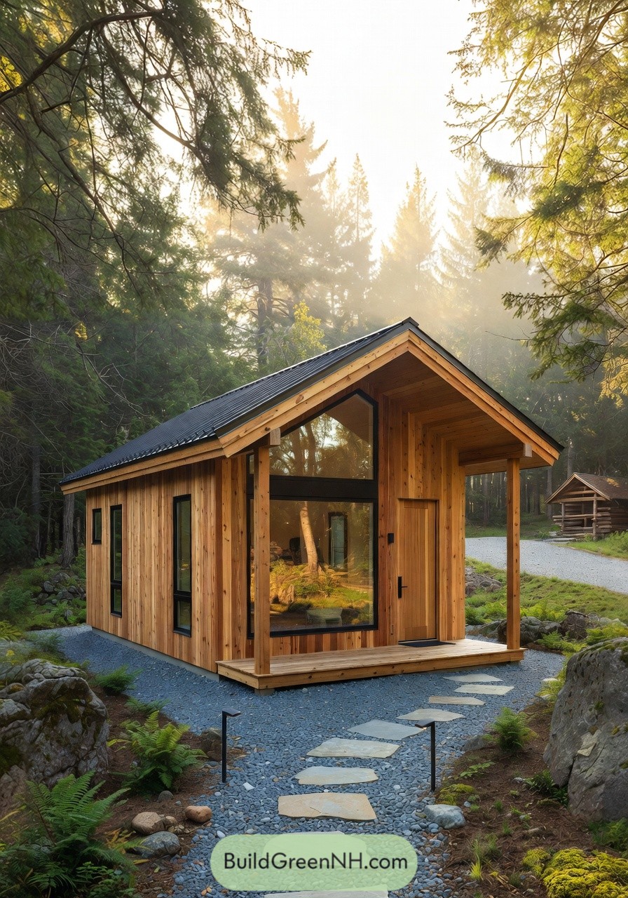 Small modern cedar cabin with large front window and tiny covered porch on a gravel path in the woods