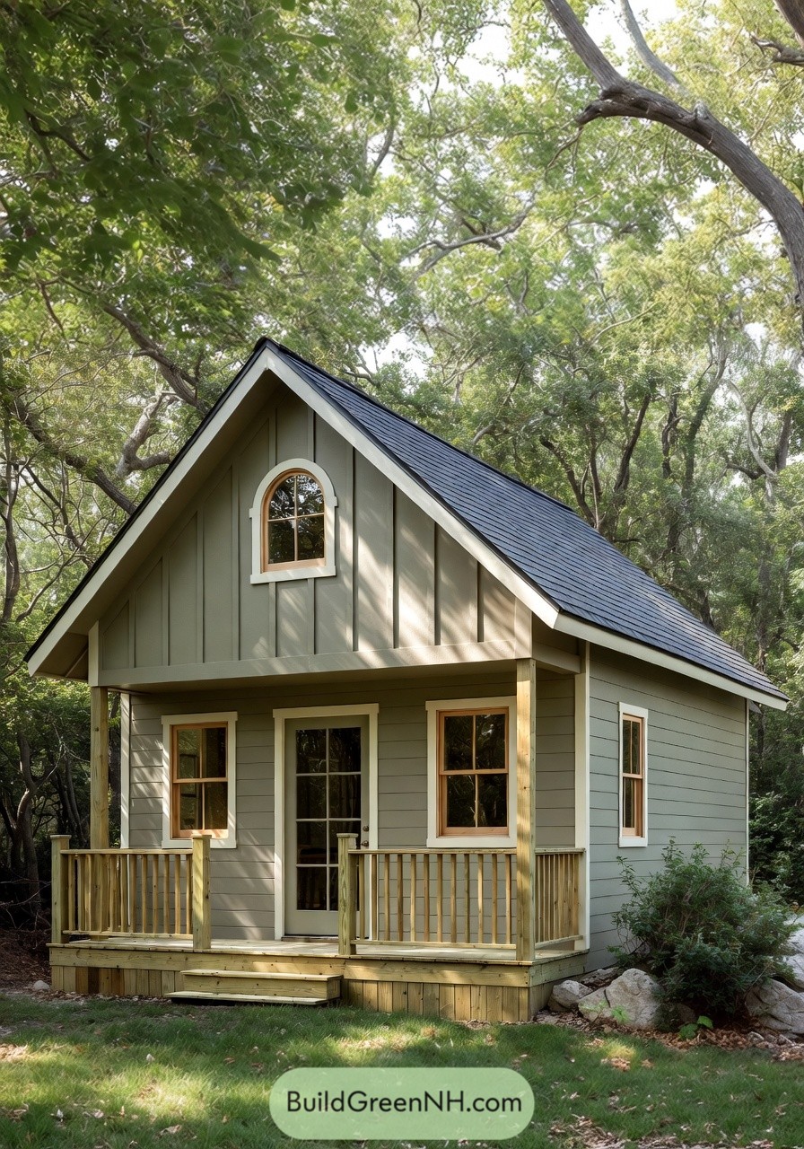 Small green cabin with front porch and tall gable roof nestled in wooded clearing