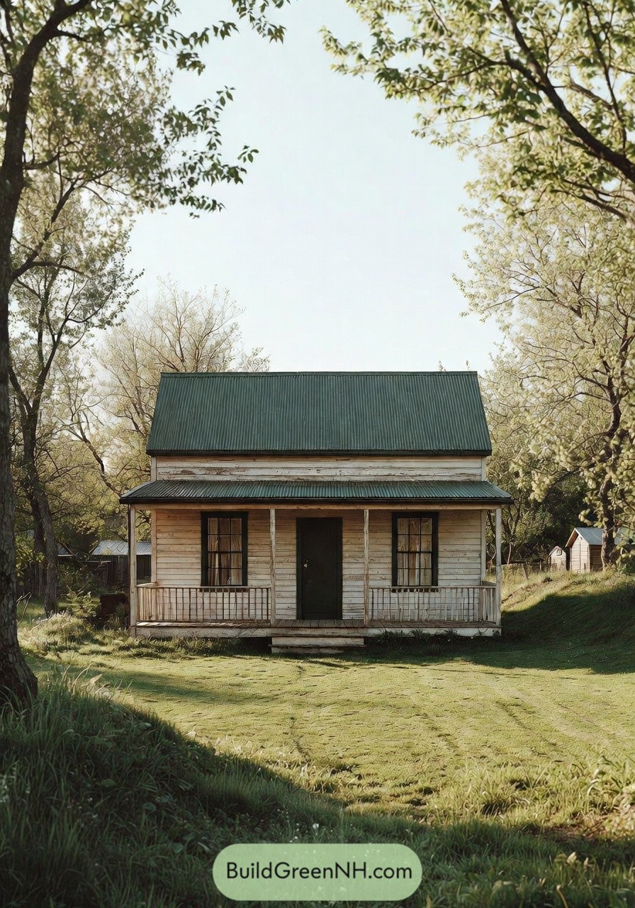 Small wooden cabin with green metal roof and front porch in a grassy clearing