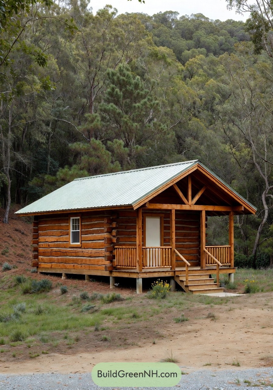 Small log cabin with front porch in a wooded clearing