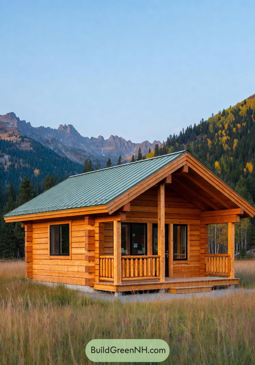 Small log cabin with green metal roof and front porch set in a mountain meadow