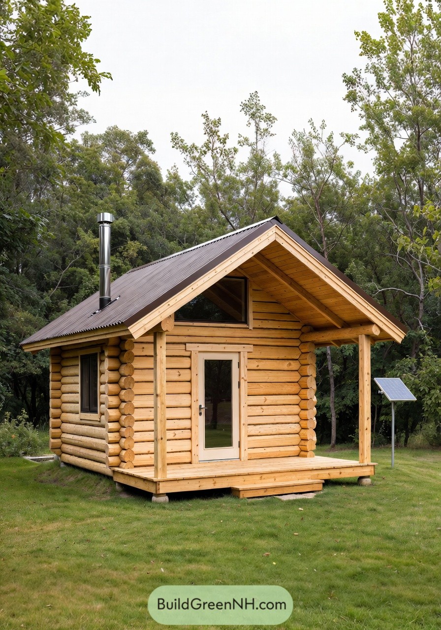 Small log cabin with front porch in a grassy clearing