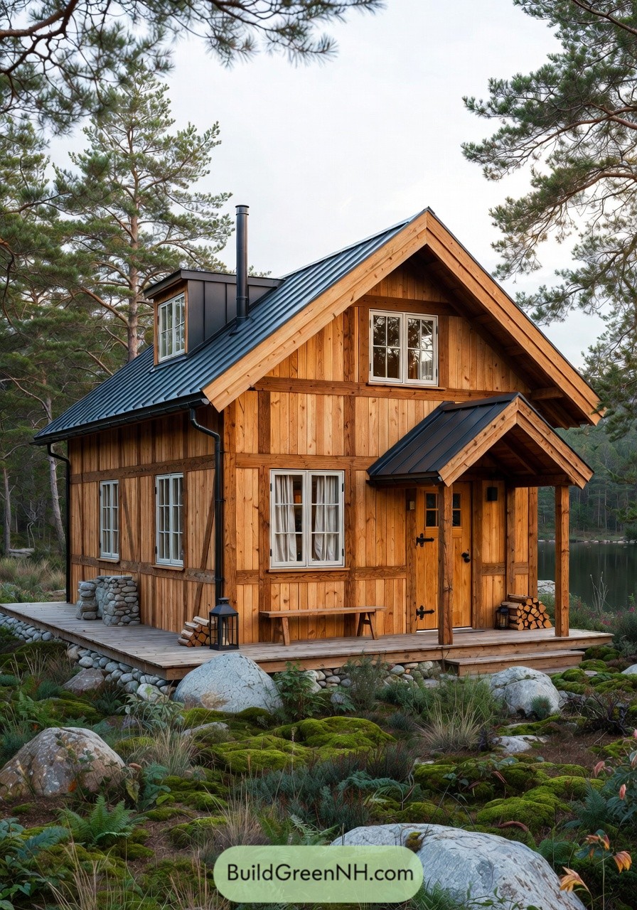 Small wooden lakeside cabin with metal roof