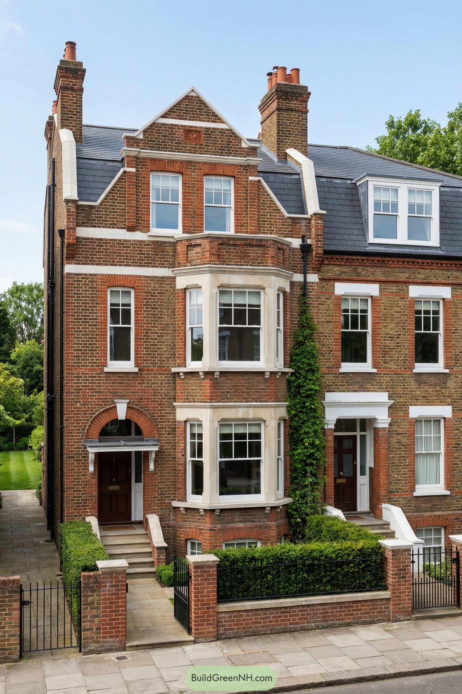 Traditional redbrick London townhouse with bay windows, slate roof, and small front garden