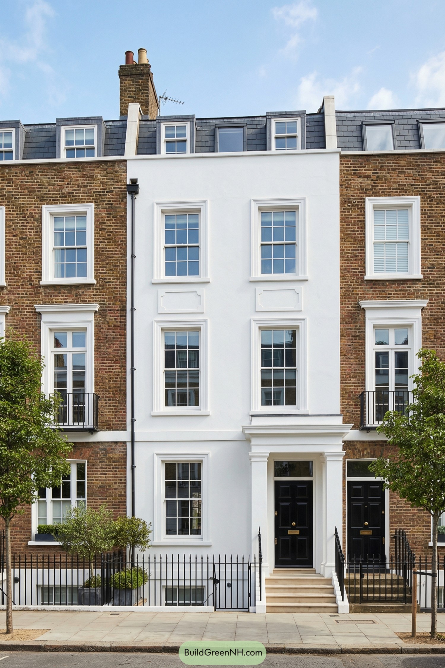 White painted London townhouse facade with black door and iron railings
