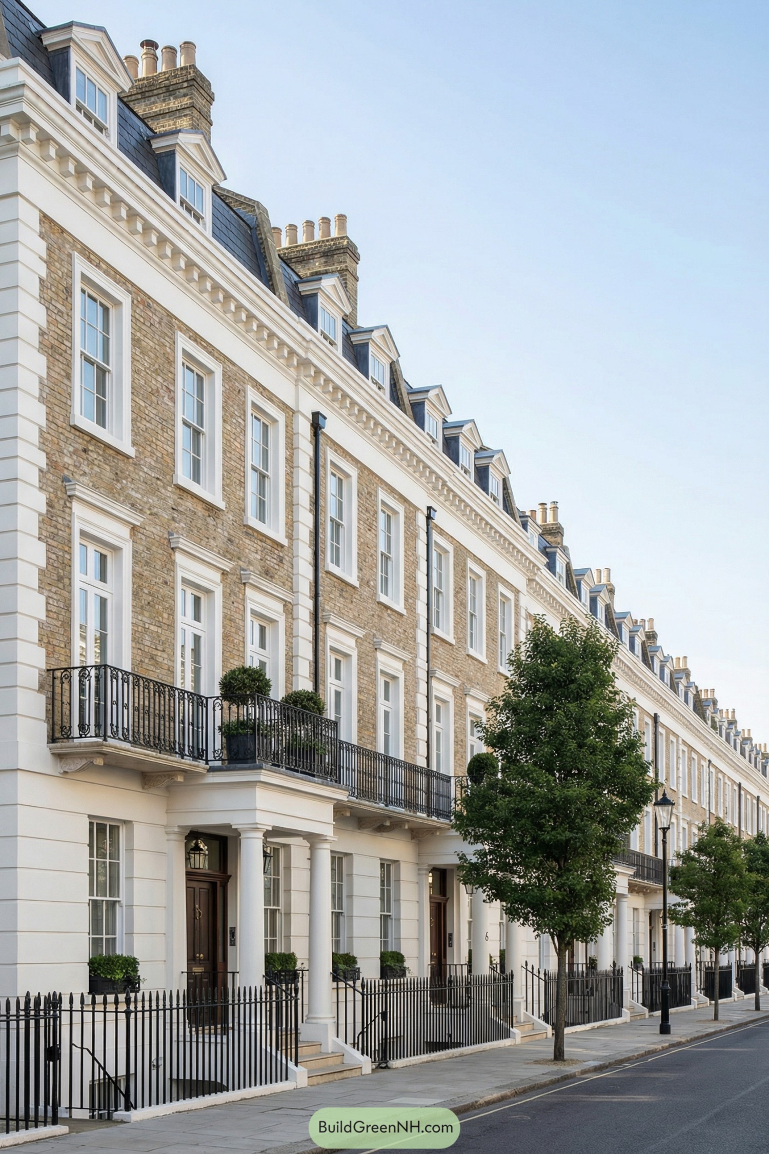 Elegant brick and stucco London terrace townhouses with black iron balconies