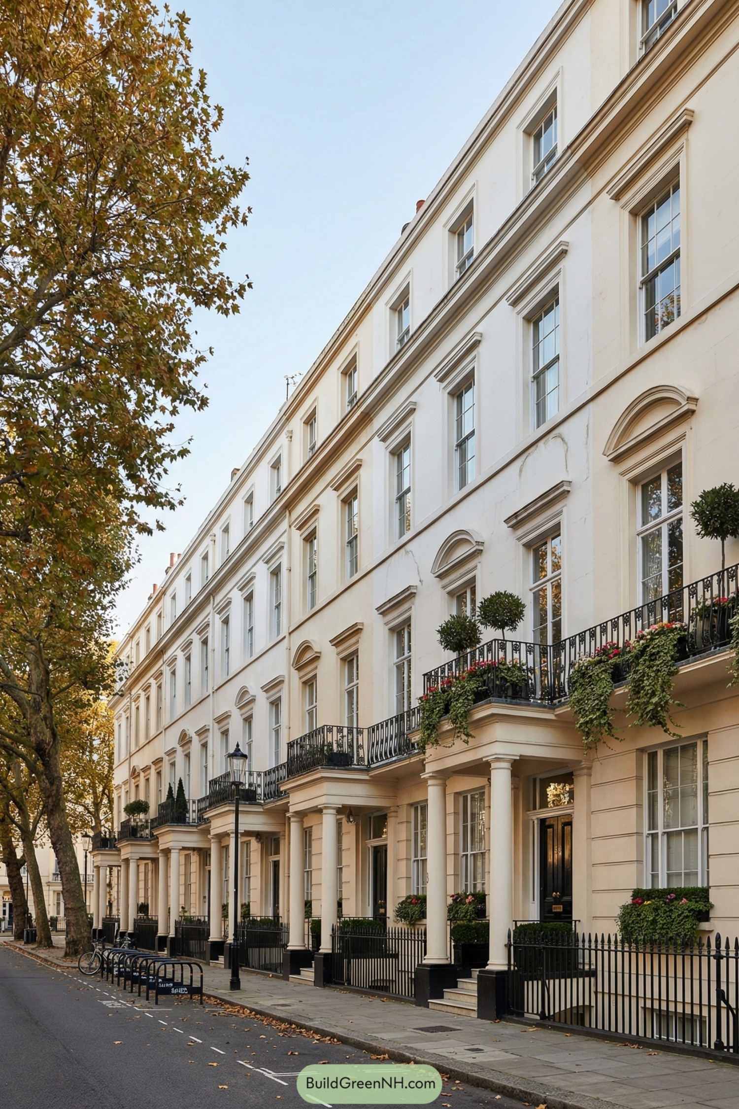 Elegant white stucco London townhouses with columned entrances and iron balconies lined along a quiet tree street