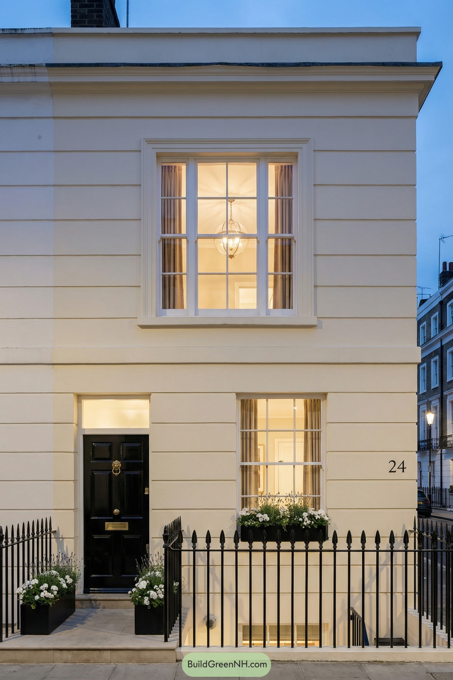 Cream stucco corner townhouse with black door, tall sash windows, and iron railings with flower boxes at street level