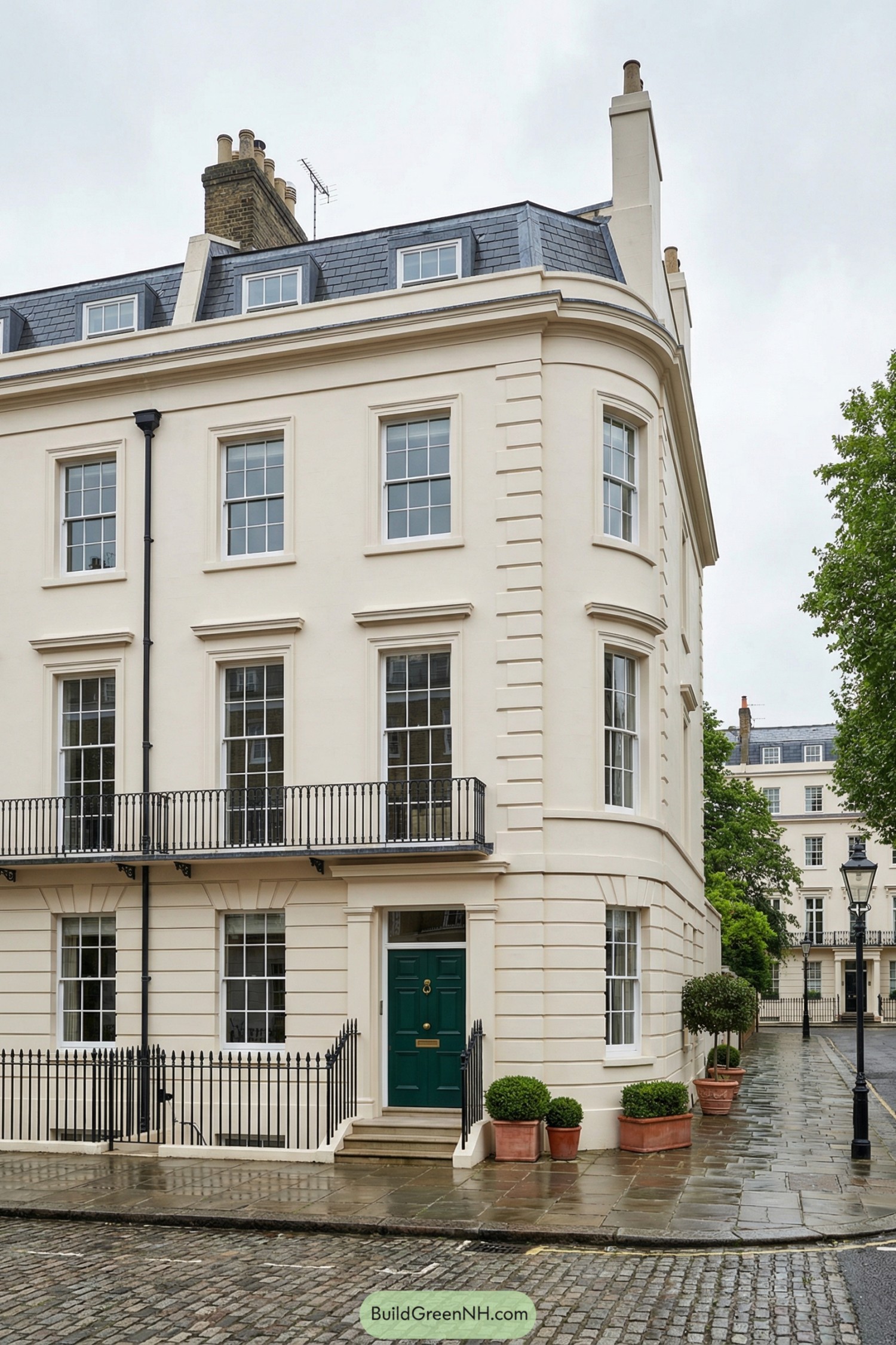 Elegant cream corner London townhouse with curved facade, tall sash windows, and a dark green front door