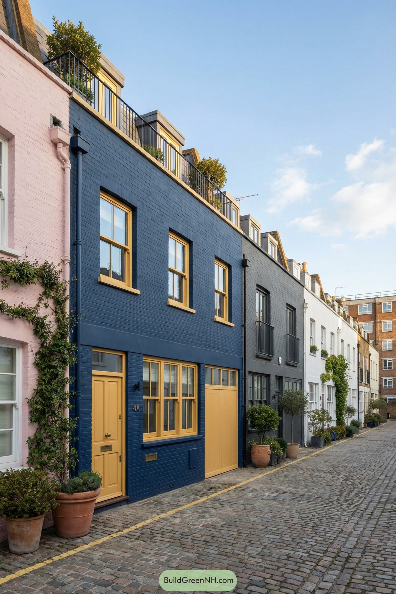 Dark blue brick townhouse with mustard yellow windows and door on a cobbled London mews