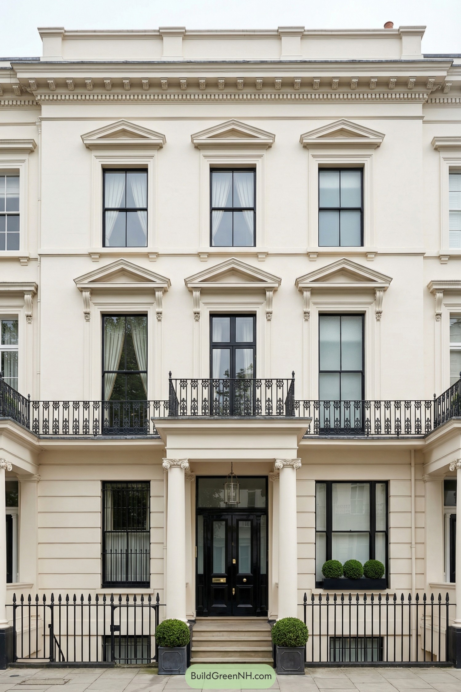 Elegant cream stucco London townhouse with black iron balconies and grand columned entrance