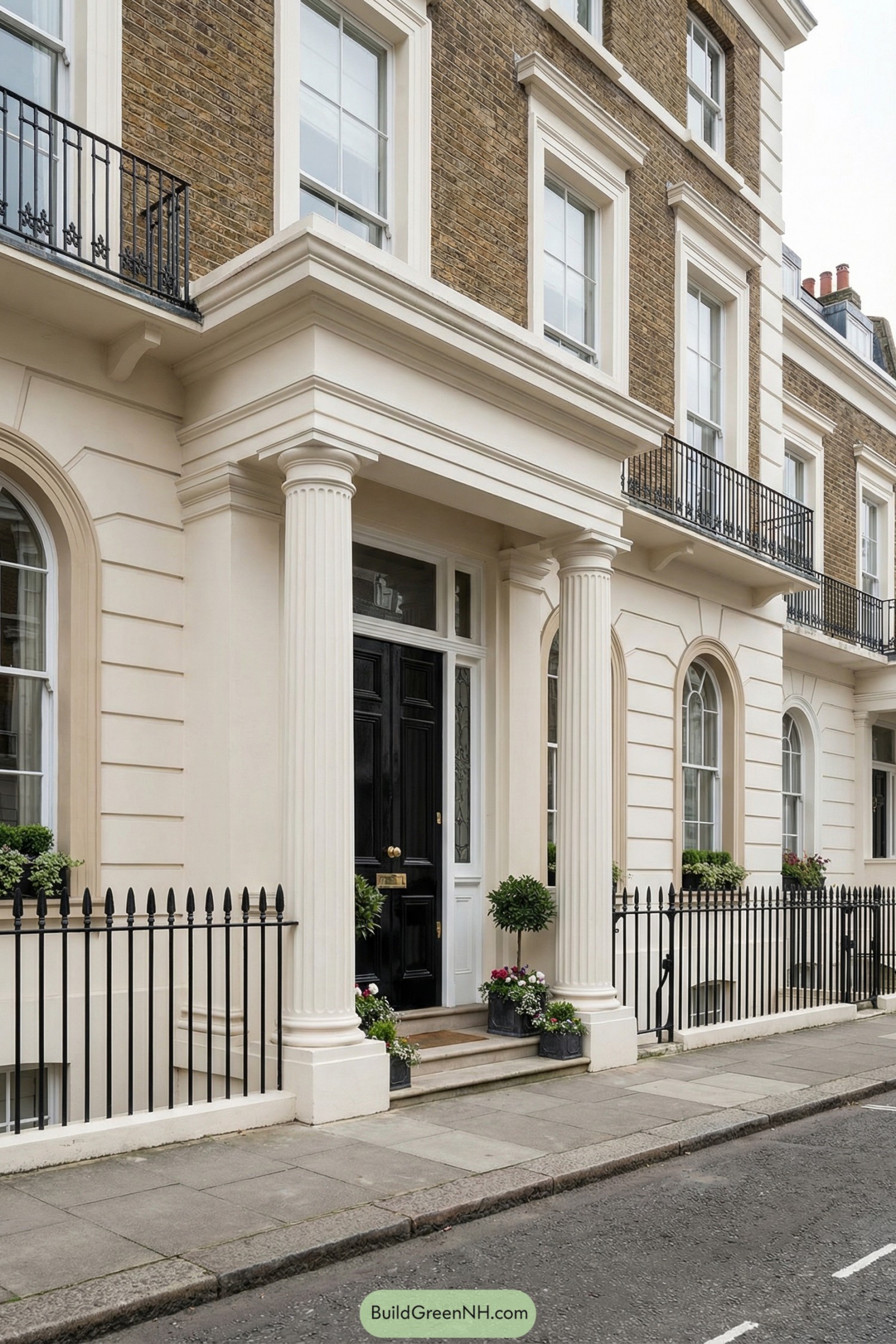 Elegant London townhouse with cream stucco base, brick upper floors, tall sash windows, and fluted columns framing a glossy black front door