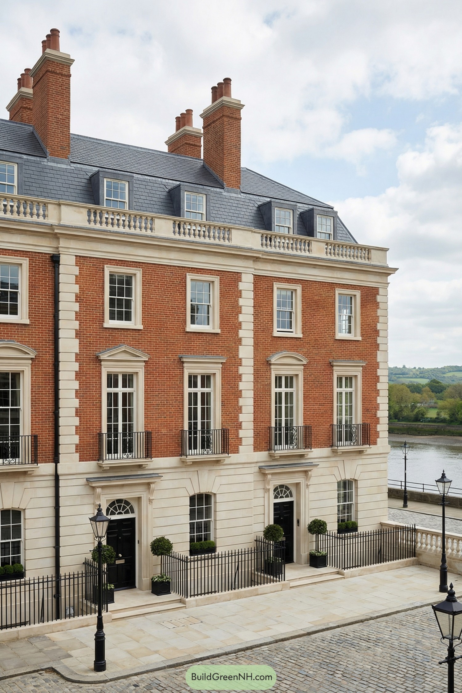 Elegant redbrick London townhouse with stone base, mansard roof, and river backdrop