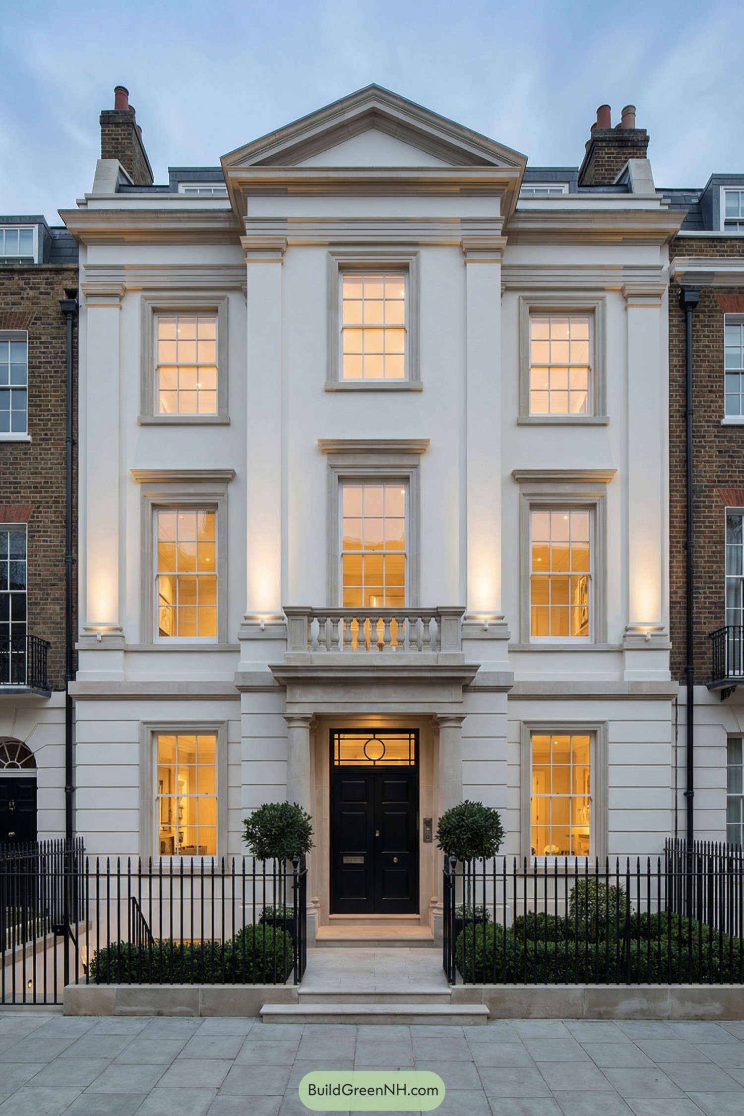 Symmetrical white London townhouse facade with black door and warm lit sash windows