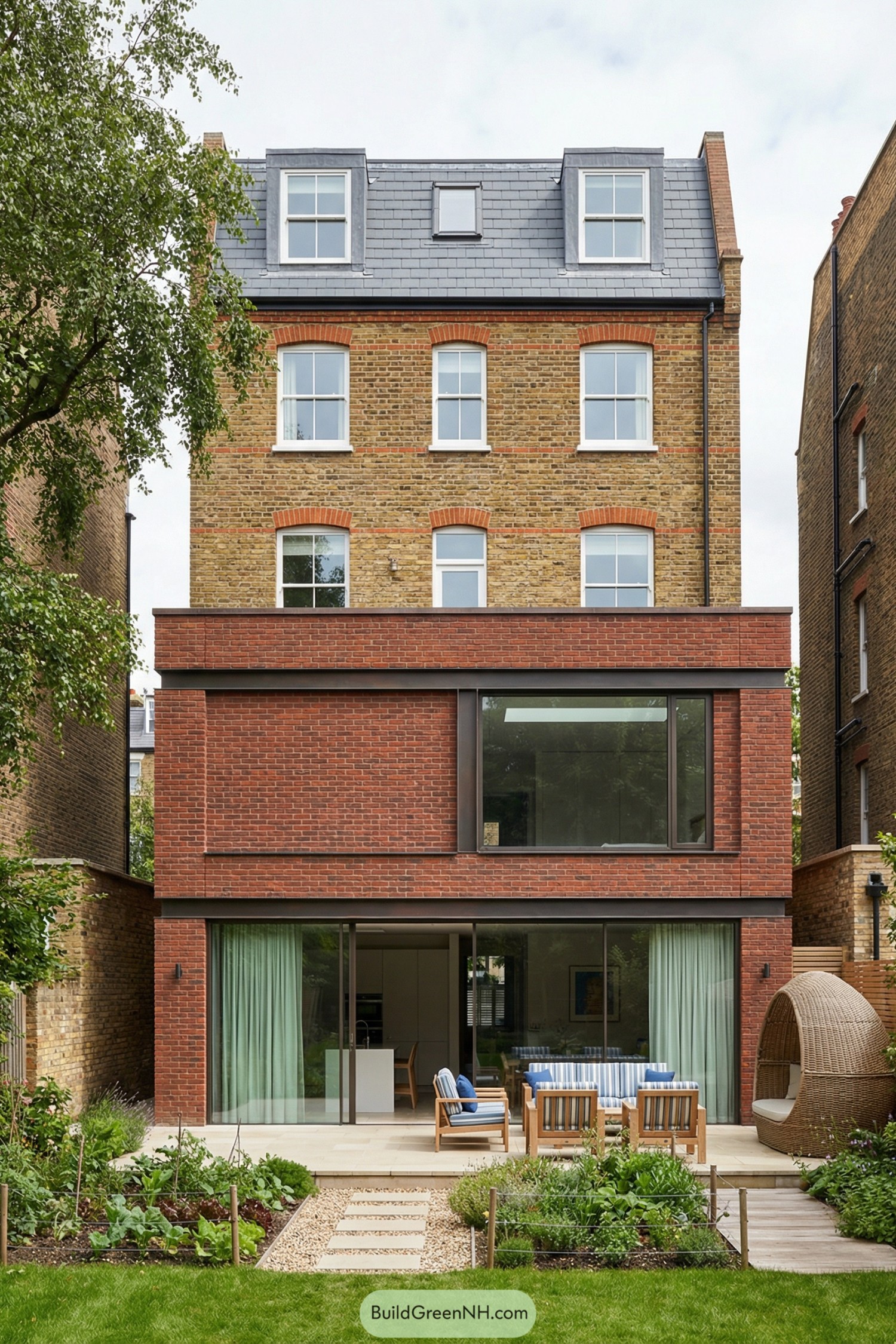 Rear view of a traditional London brick townhouse with a contemporary red-brick garden extension, large glazing, and landscaped backyard seating area
