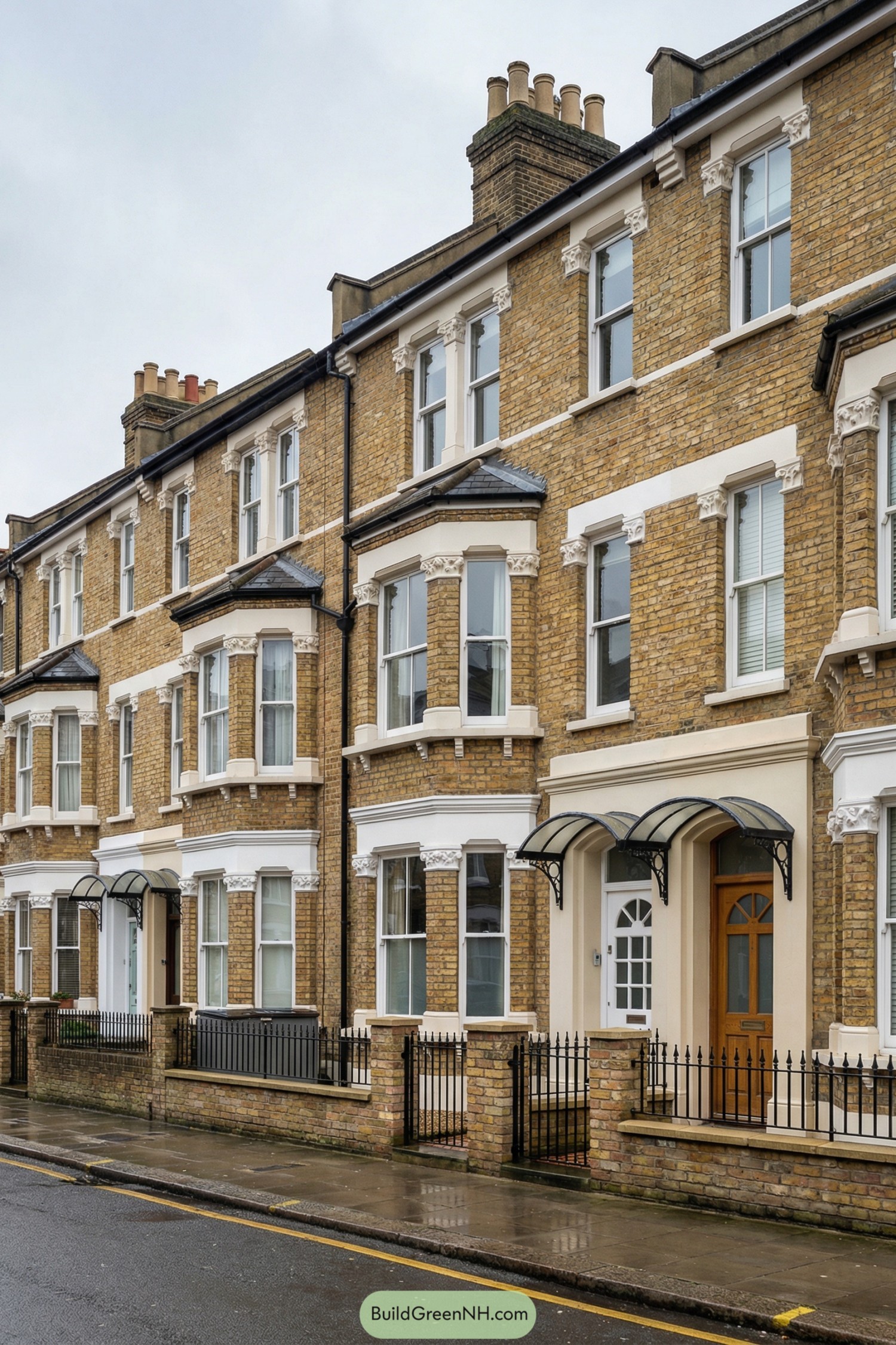 Traditional brick London townhouses with white stone trim and arched door canopies along a wet street