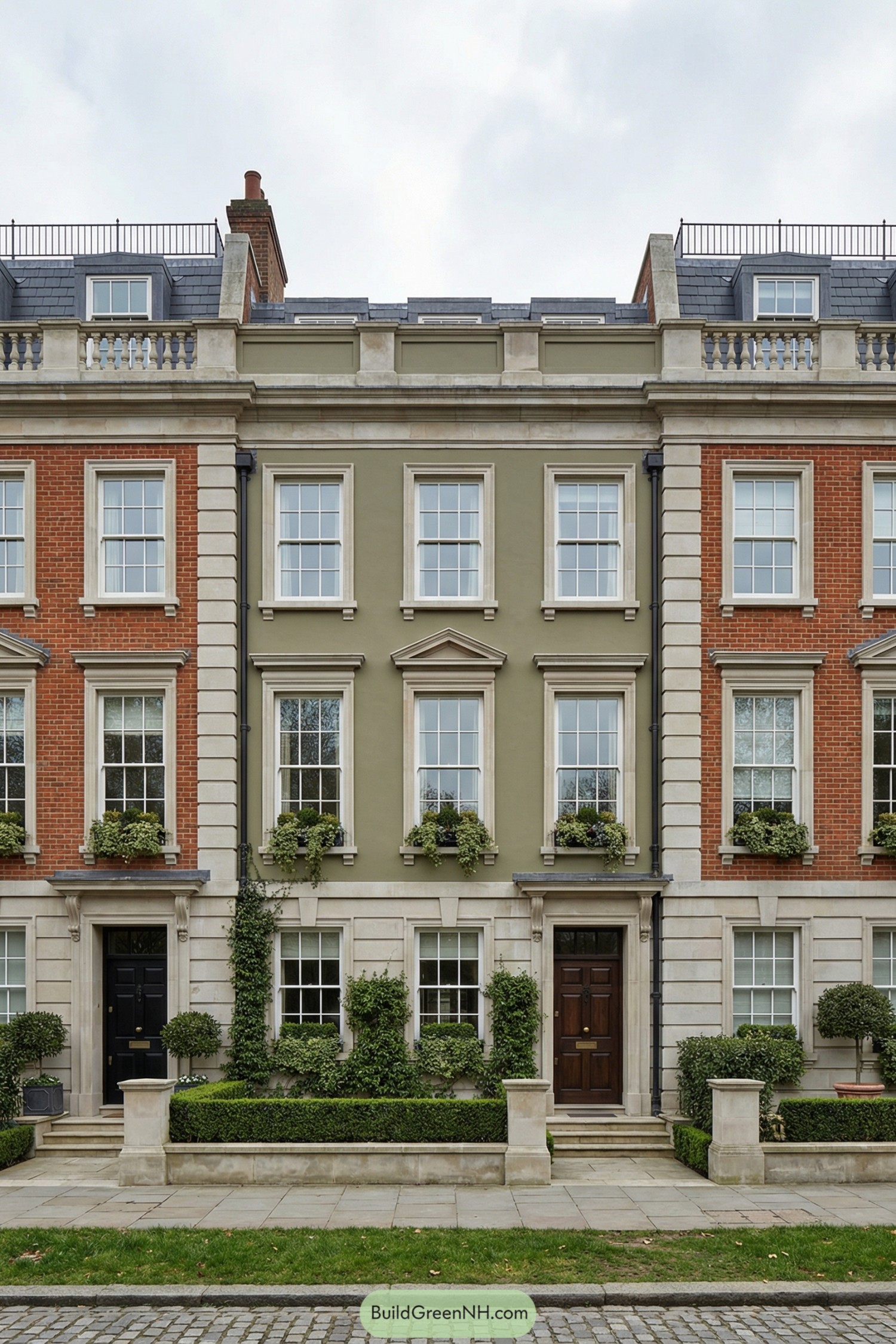 Three story olive green London townhouse with stone detailing and manicured greenery
