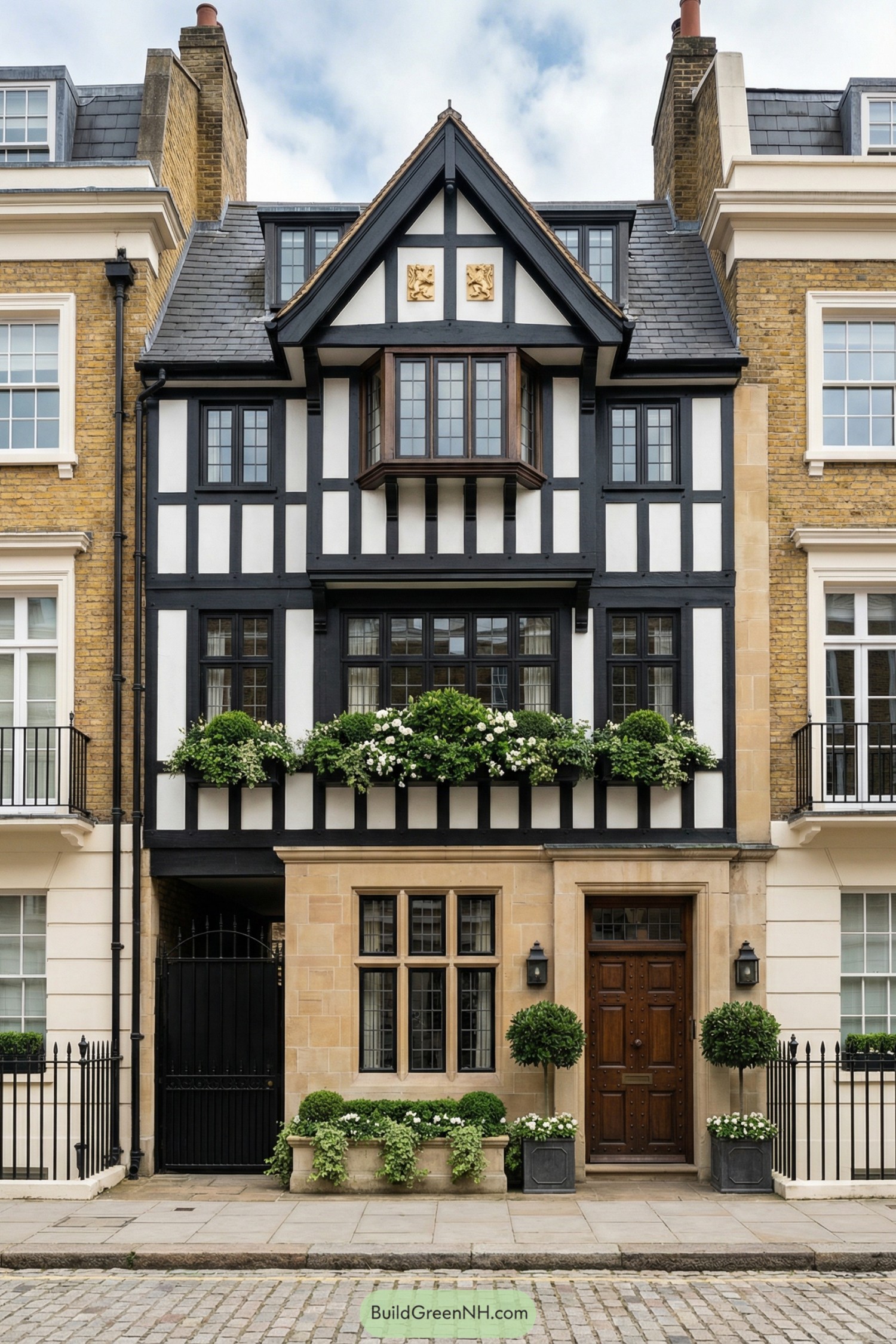 Black and white Tudor townhouse with lush window greenery