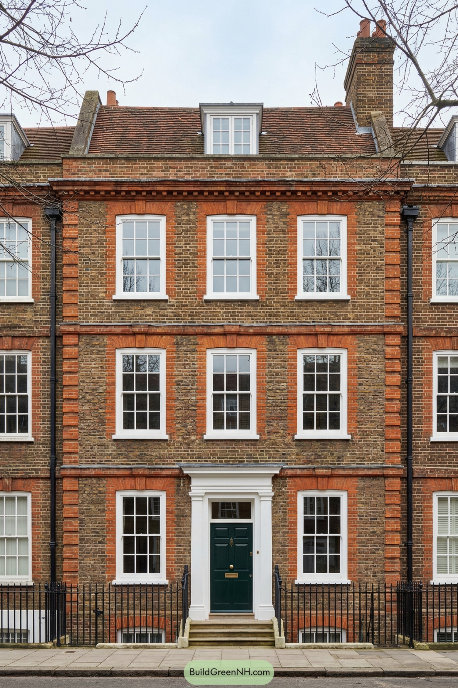 Traditional brick townhouse with white sash windows and green front door