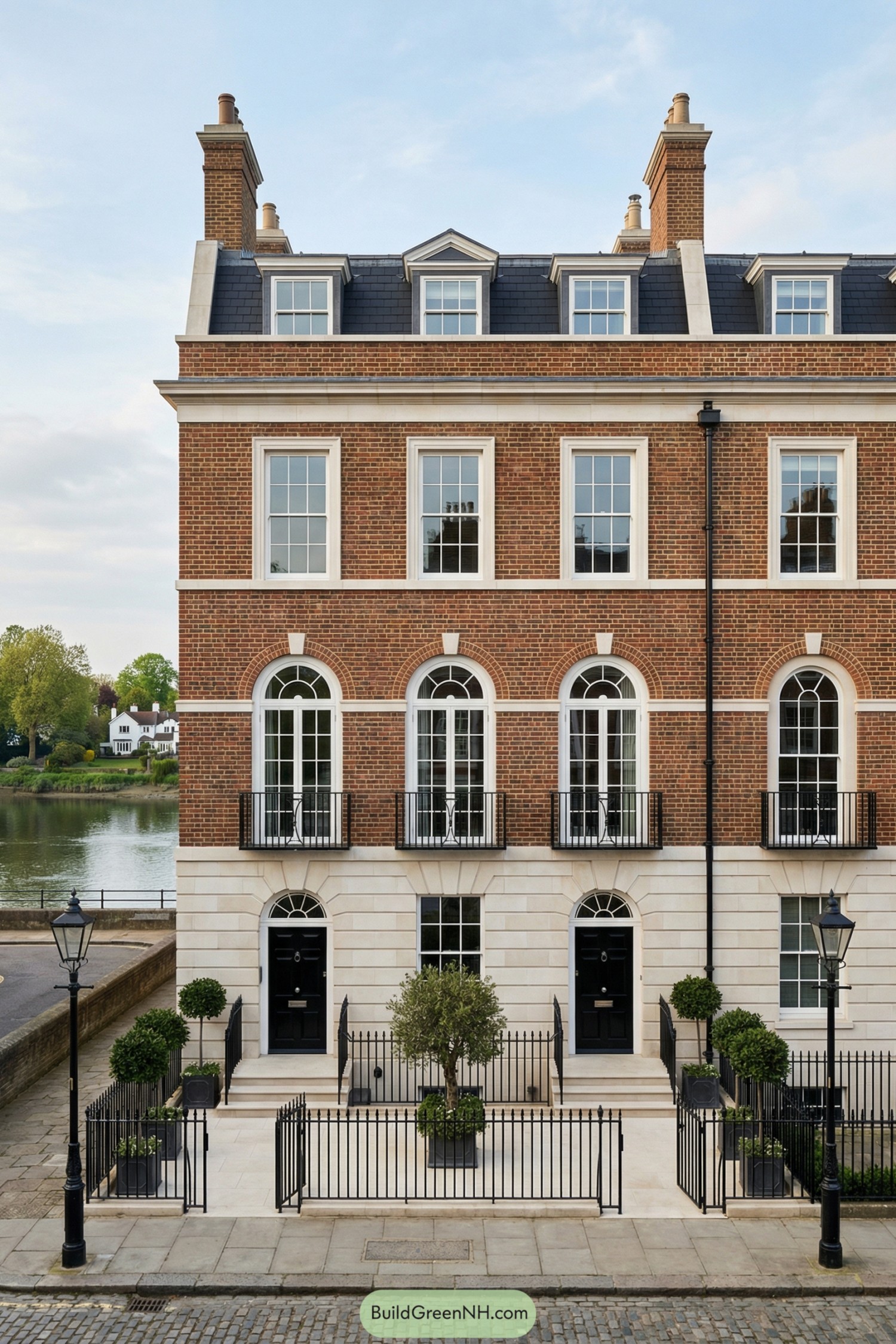 Red brick riverside townhouse with black railings and arched windows