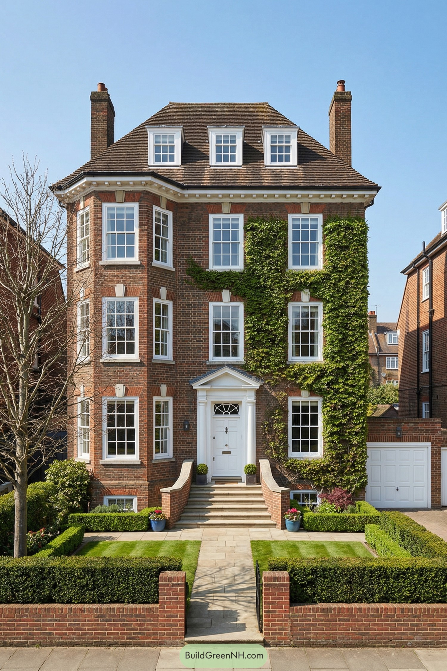Traditional brick townhouse with white sash windows and ivy climbing the facade