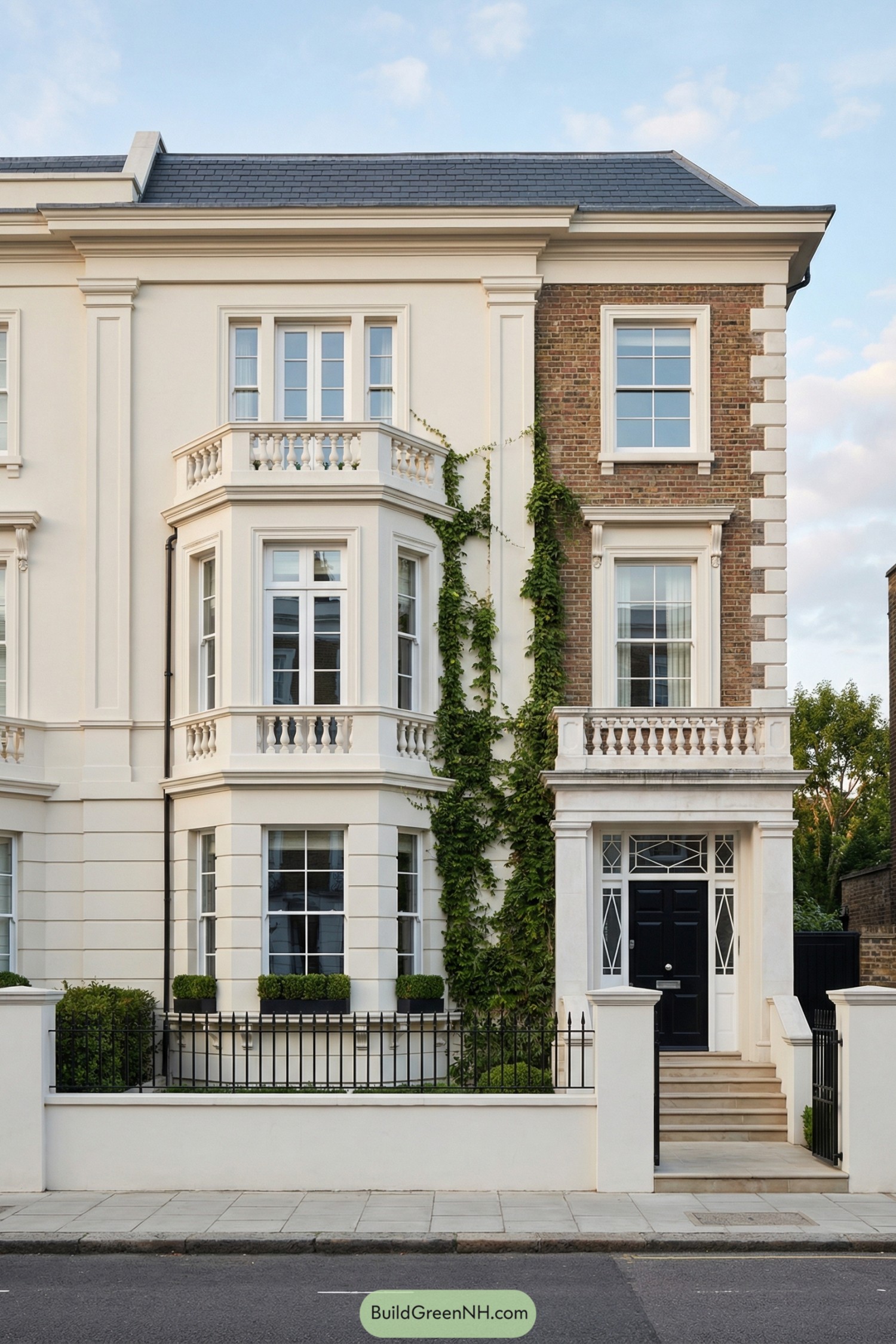 high-res photo of london style townhouse, symmetrical three-storey facade in late-georgian / victorian style, left side in light cream stucco with strong cornices and pilasters, right side in warm reddish-brown brick with white stone quoins and window surrounds, central slightly projecting bay with ornate white balustrades to first- and second-floor balconies, tall rectangular form with flat front and subtle roofline cornice, exterior materials of smooth painted stucco, aged brickwork, carved stone trim and balustrades, dark slate hipped roof with minimal overhang, tall white-framed sash windows and french doors with divided panes and shallow projecting sills, arched ground-floor window reveals on the stucco side, elegant main entrance with short white stone stair, painted black paneled door with decorative transom and sidelights in geometric glazing, white stone door surround with classical detailing, low white-rendered boundary wall with stone coping and matching balustrade sections, wrought-iron railings and gate, narrow paved front terrace with clipped box shrubs and low flowering plants along the base of the facade, ivy climbing vertically between the two halves of the townhouse, clean stone sidewalk and neatly edged curb in front, quiet residential london street with smooth asphalt road, distant green parkland and mature trees, soft blue sky with scattered clouds and subtle warm daylight creating gentle shadows, real-life photo, high-resolution, architectural photography, soft lighting, cinematic composition.