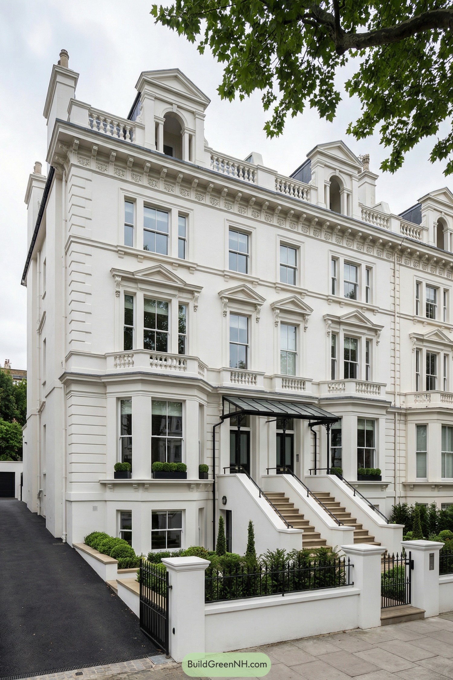 White stucco London townhouse with classical detailing