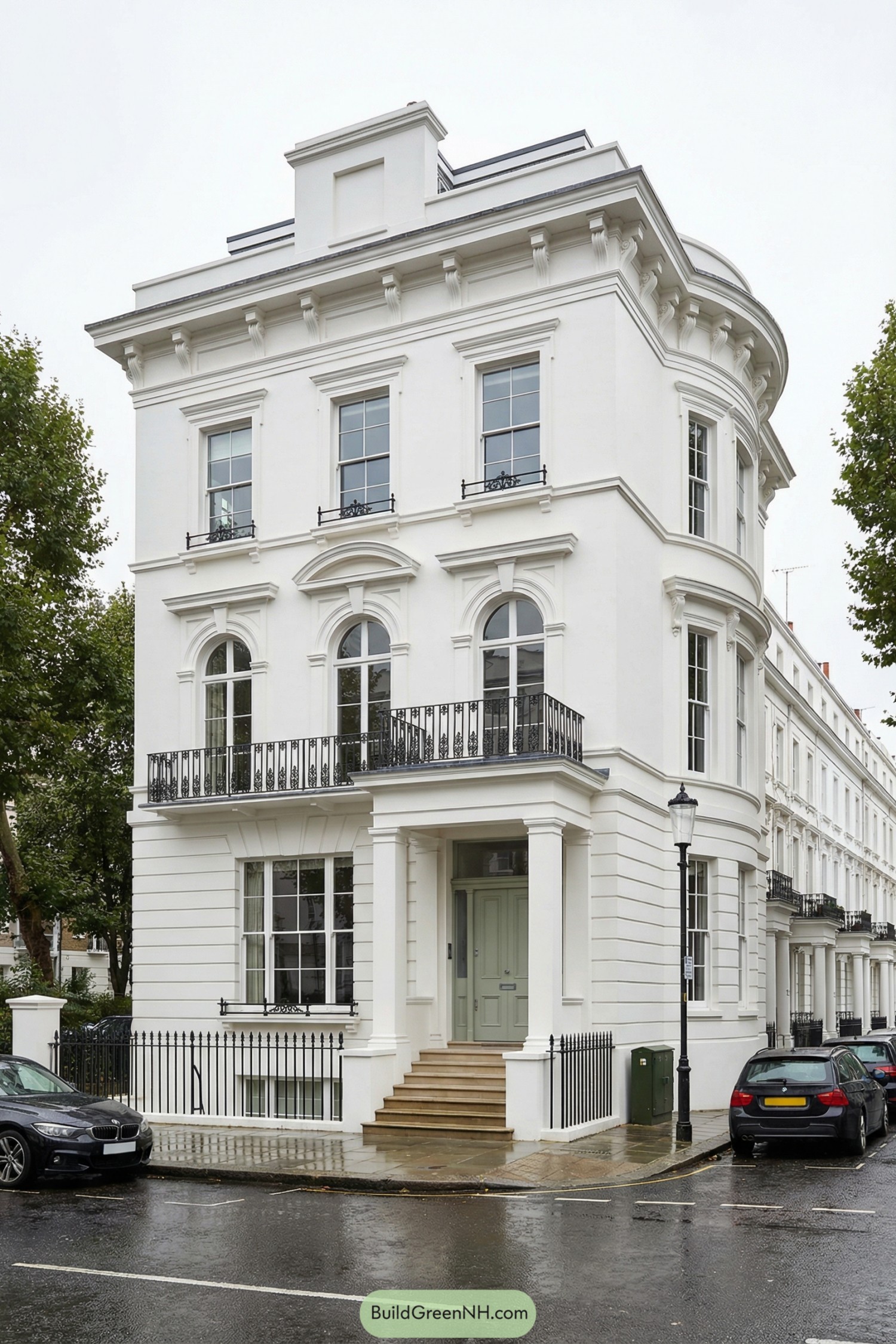 Elegant white corner townhouse with tall arched windows, black iron balconies, and classical detailing