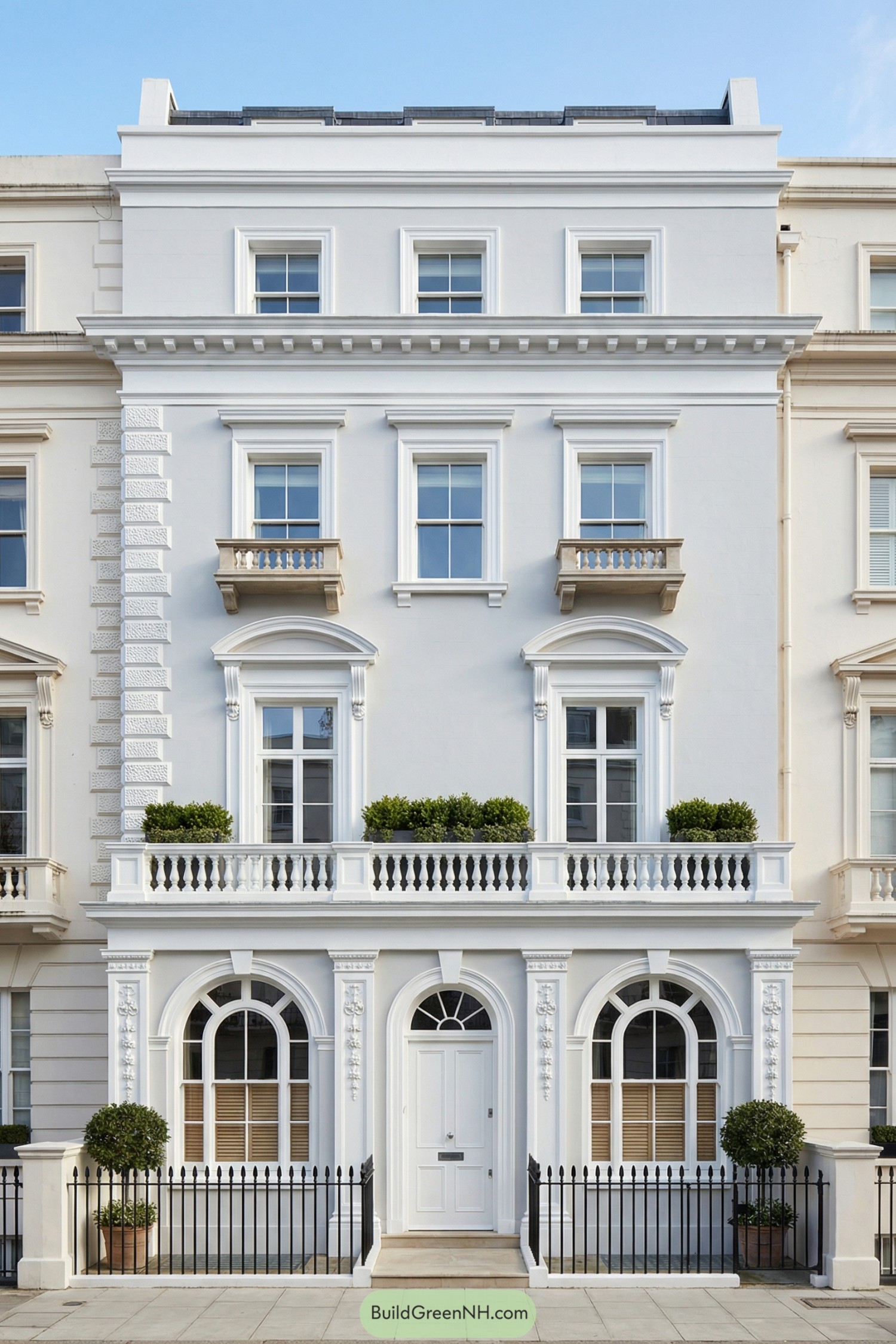 White stucco London townhouse with arched entry and classic balcony details