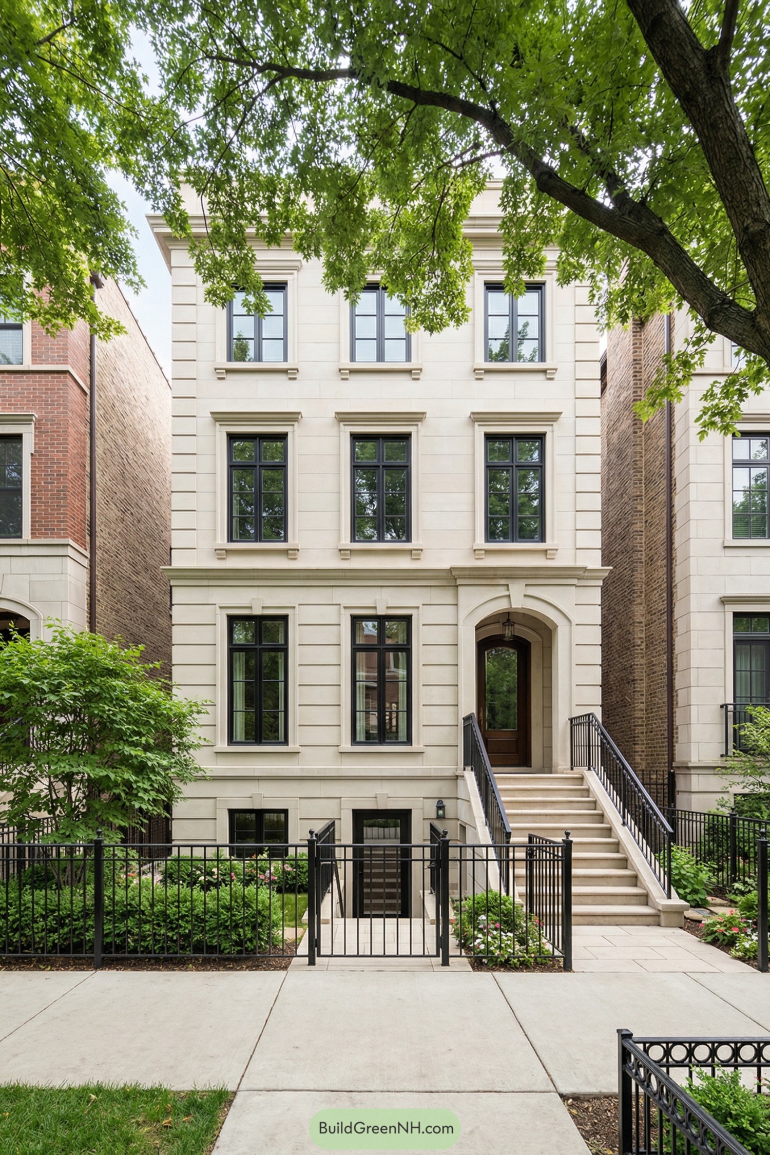 Light stone townhouse facade with black-framed windows, iron railings, and landscaped front garden
