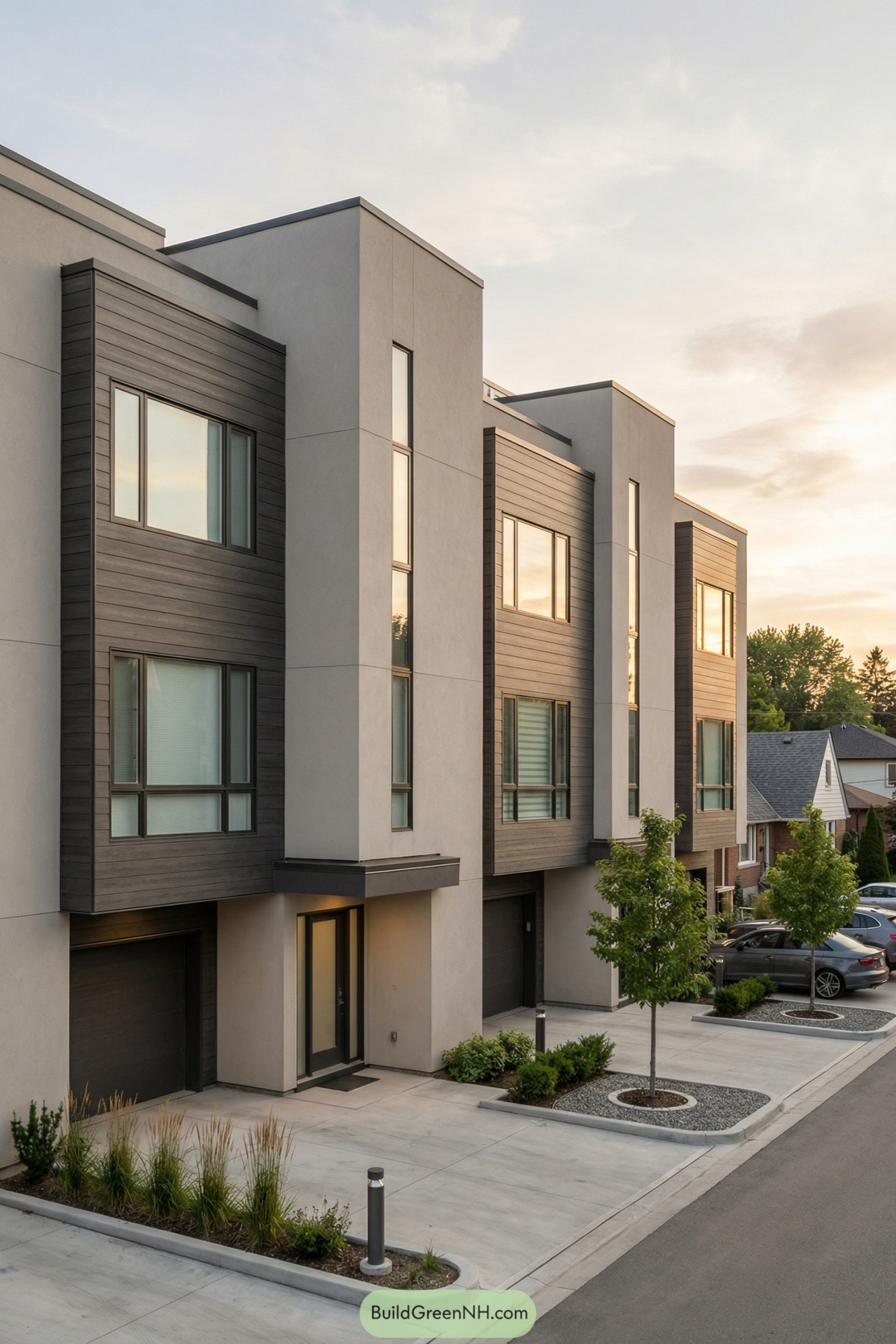 Row of modern three-story townhouses with wood accents and large windows along a clean driveway