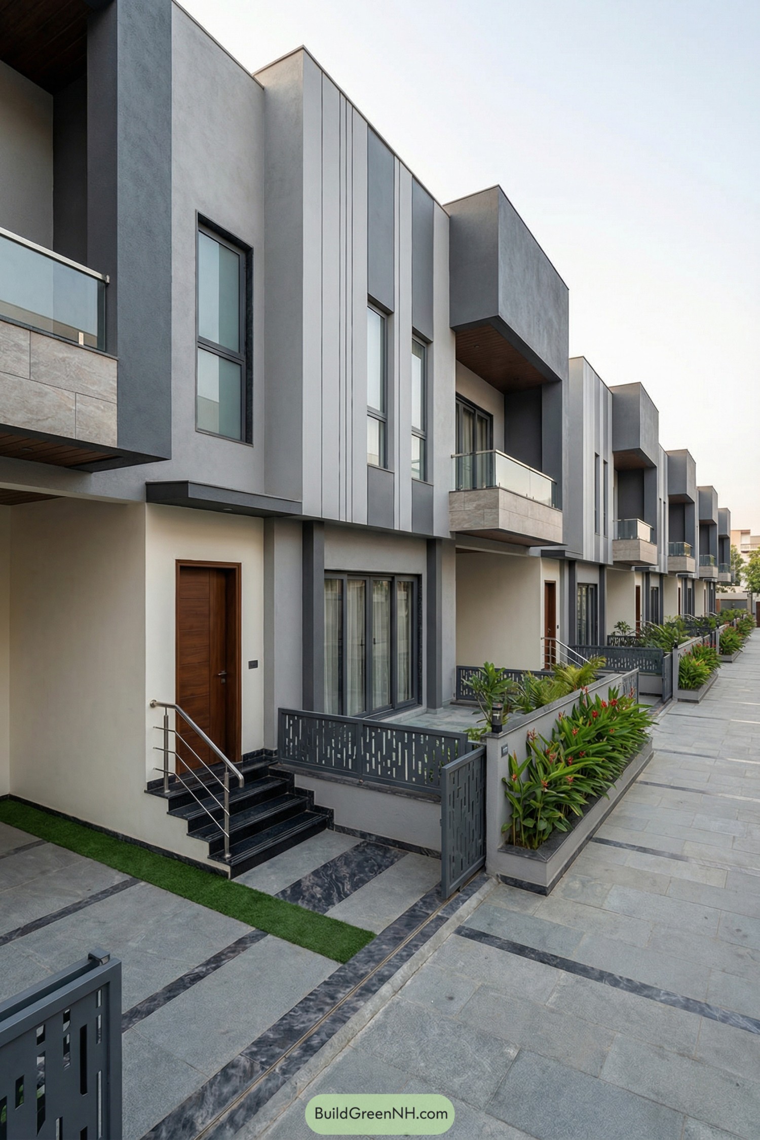 Modern row of gray-toned townhouses with boxy balconies, metal railings, and landscaped front planters along a paved walkway