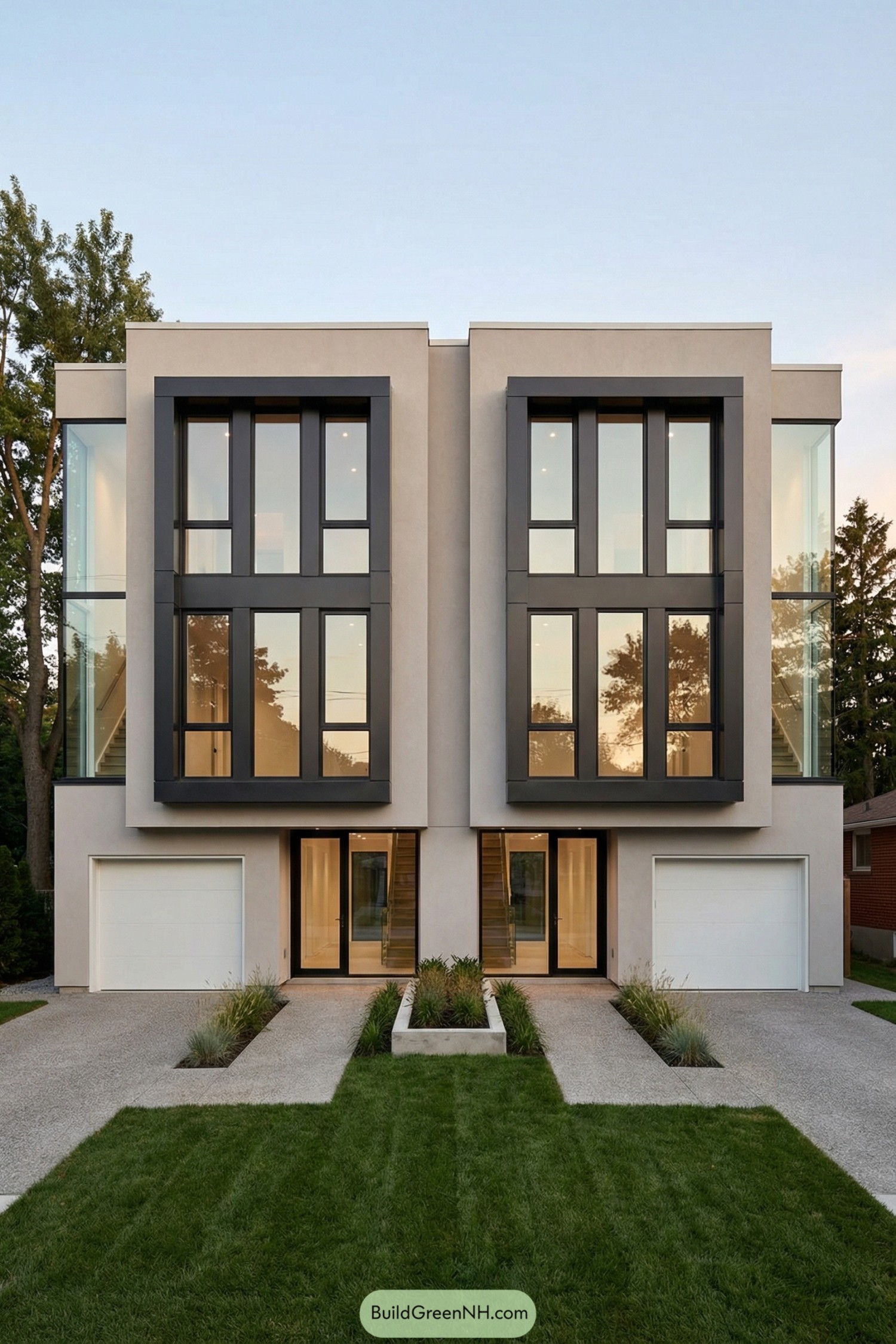 Modern paired townhouses with tall black-framed windows and integrated garages