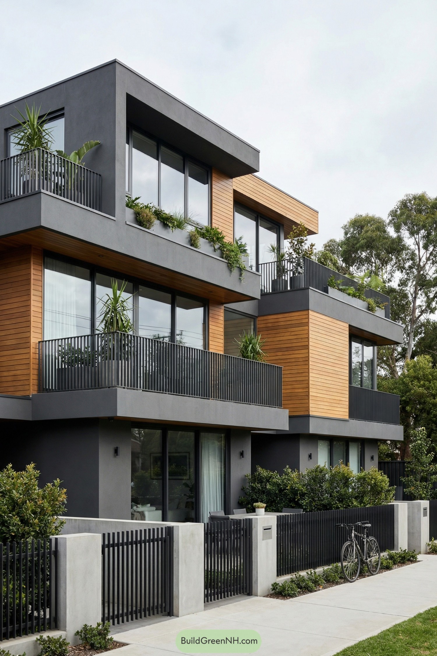 Modern townhouse with gray and wood facade, large windows, and layered balconies with planters