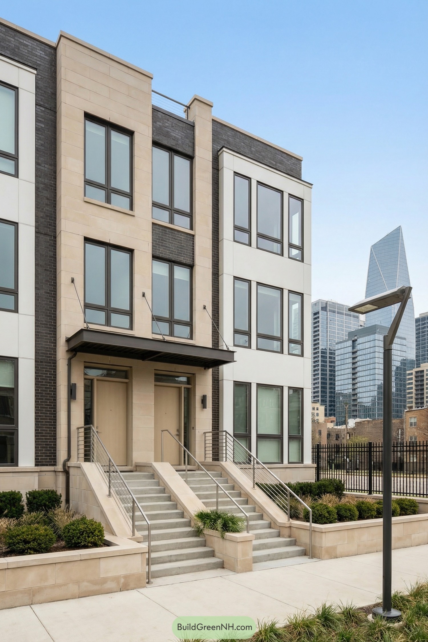 Modern multi-story townhouse facade with stone and brick cladding and large windows in an urban setting