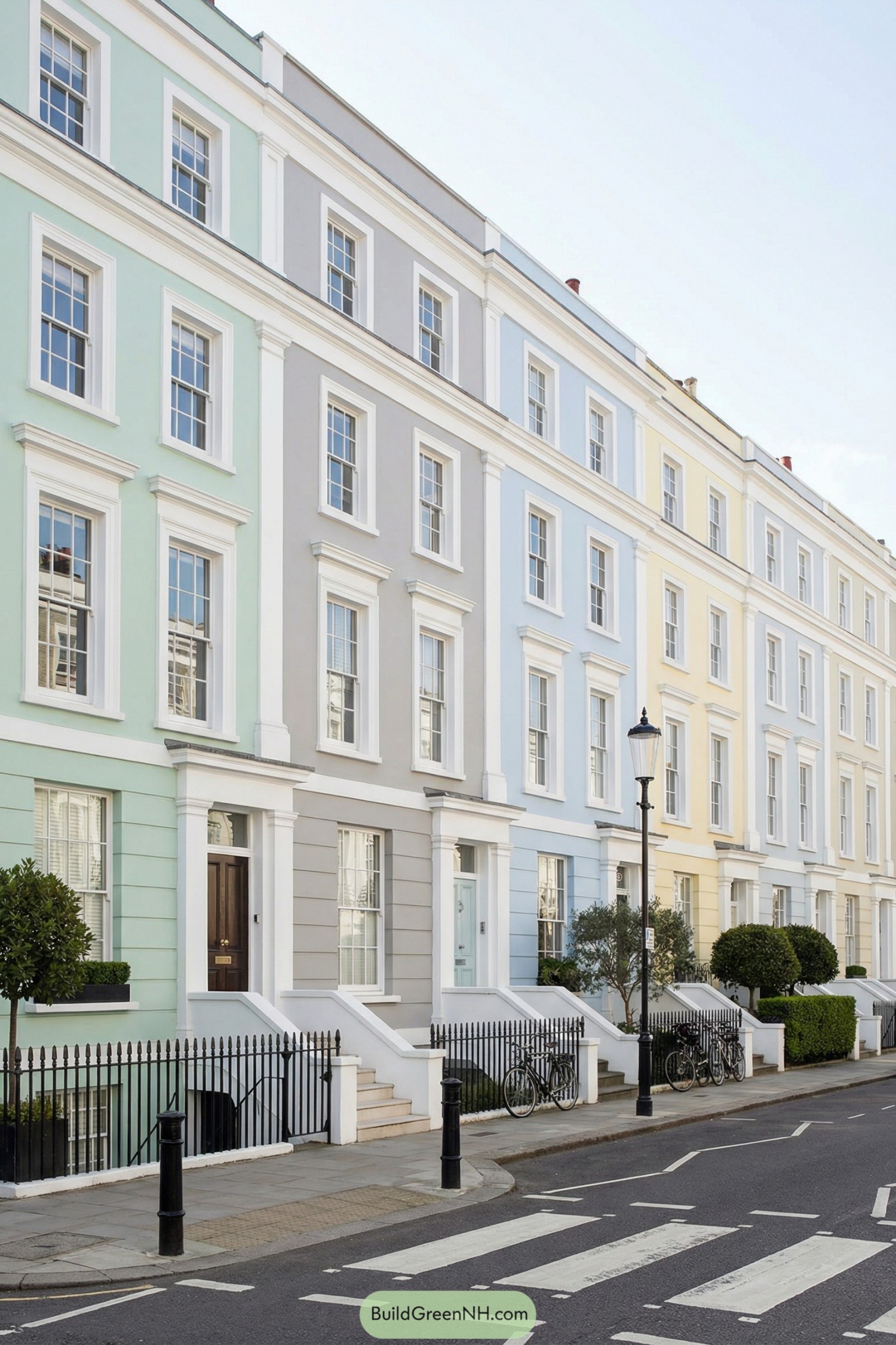 Pastel-colored classical townhouse row on city street