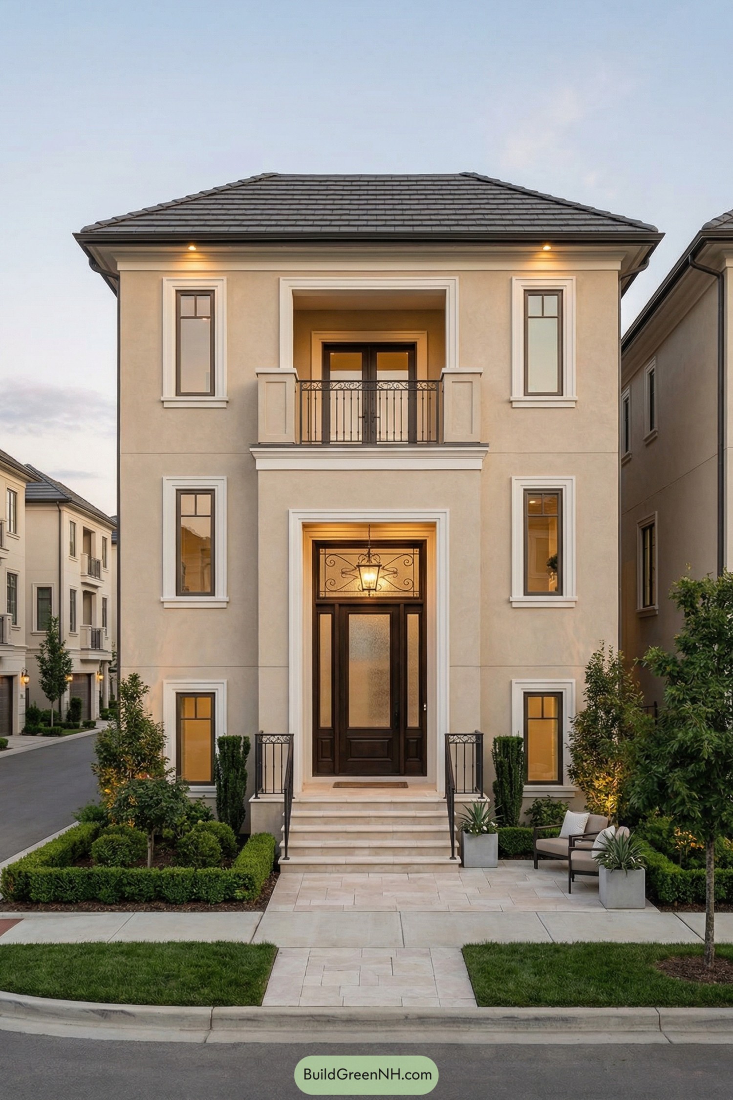 Tall beige townhouse with formal entry, balcony, and manicured front garden