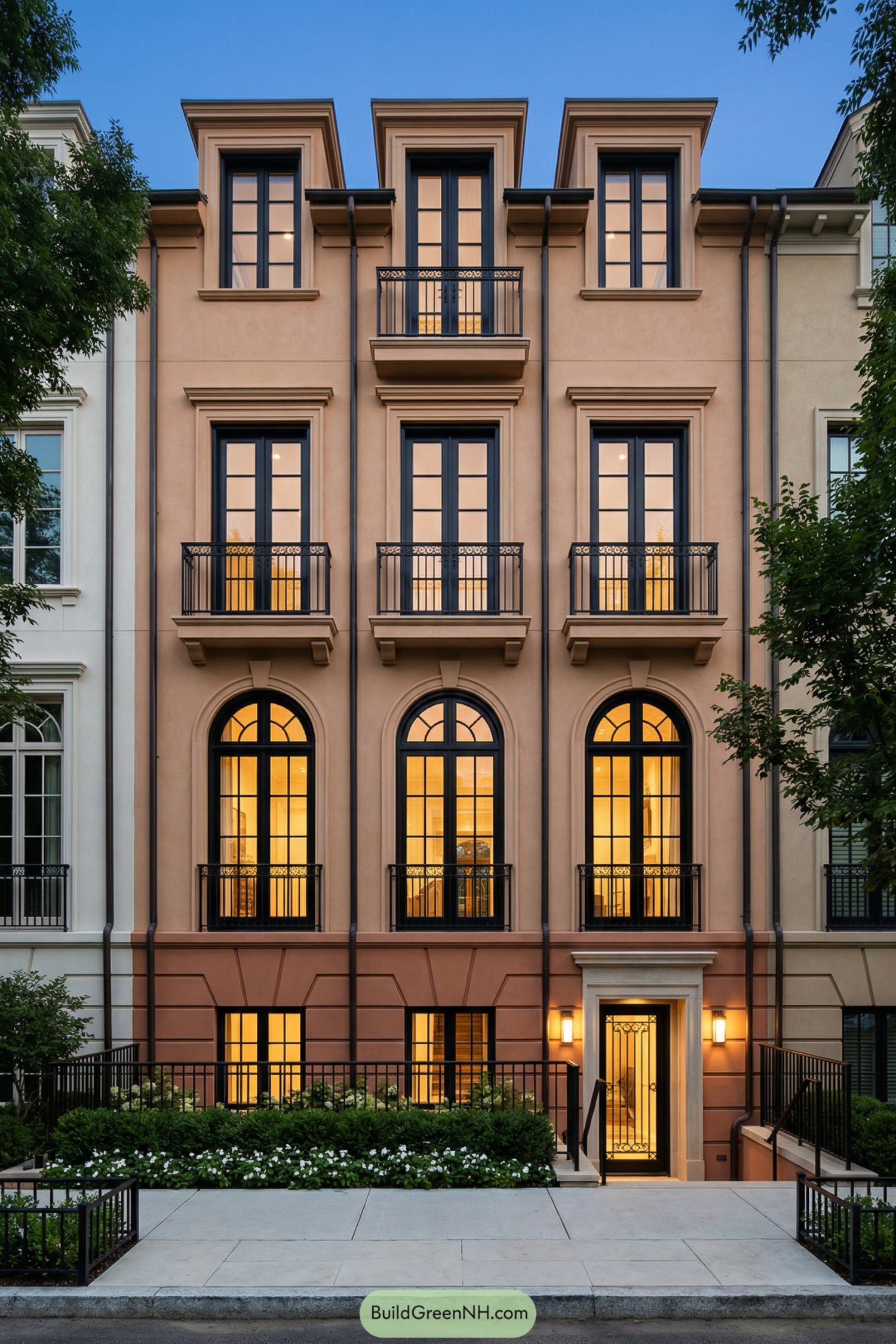 Four-story stucco townhouse with tall black-framed windows and Juliet balconies