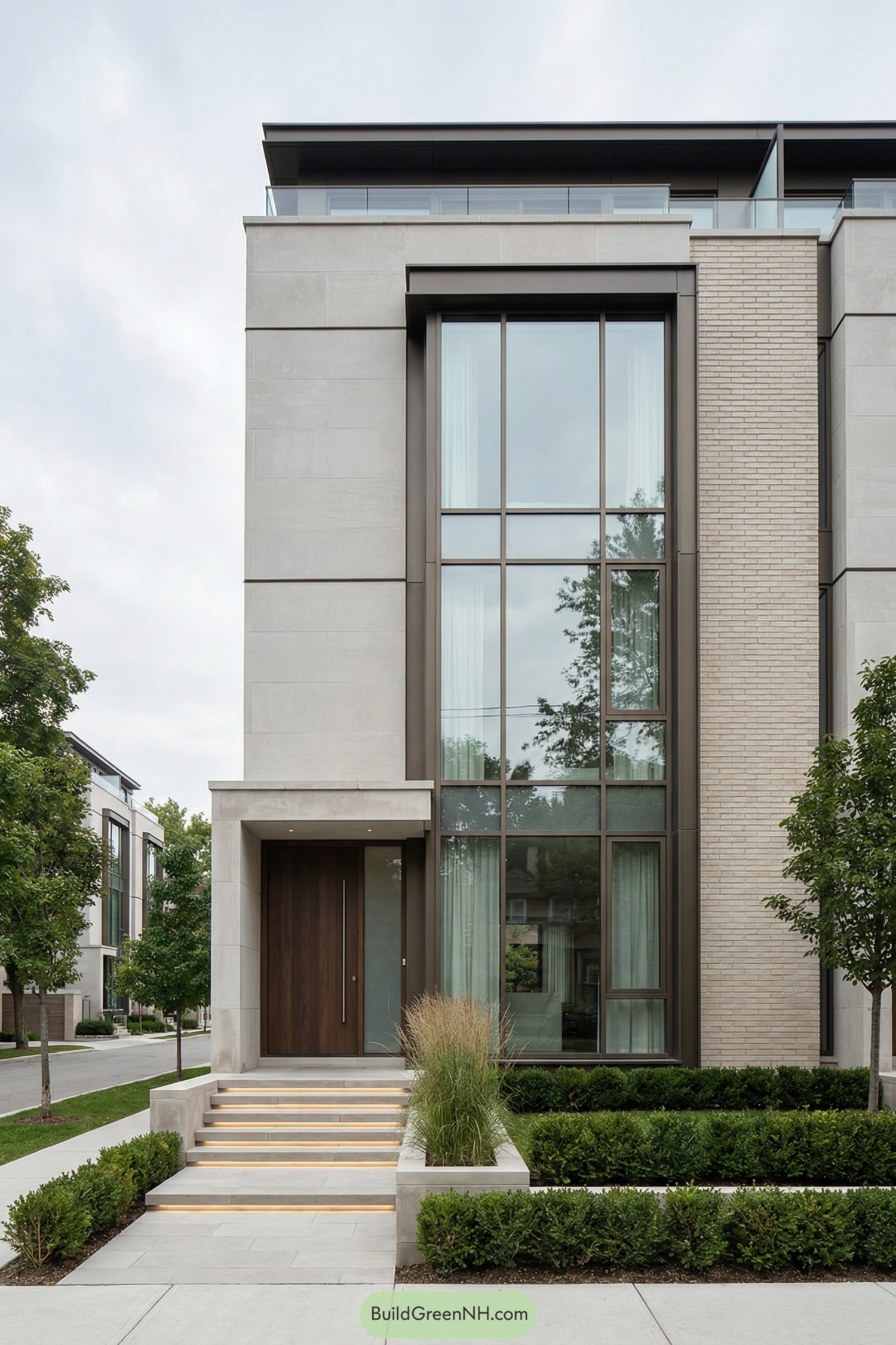 Modern townhouse facade with tall windows, stone cladding, and manicured front steps